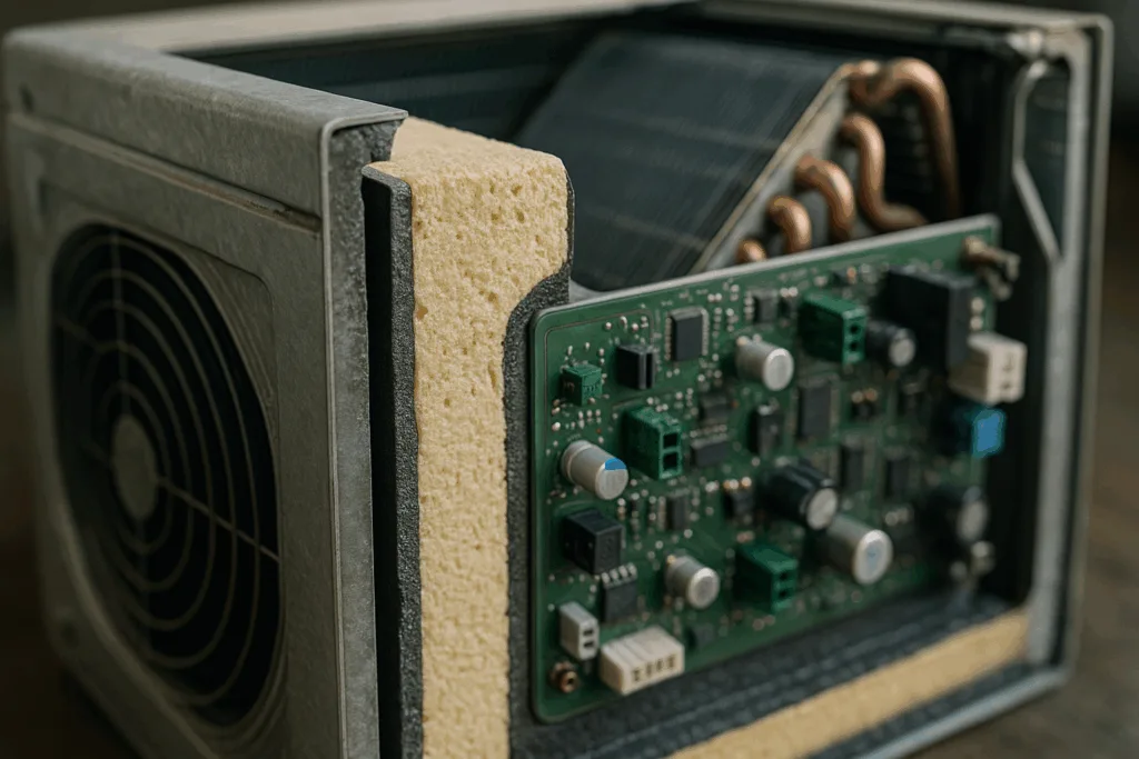 A cross-sectional view of an HVAC unit displays internal components—metal casing, insulation, electronics—joined with different adhesive types for thermal and vibration control.