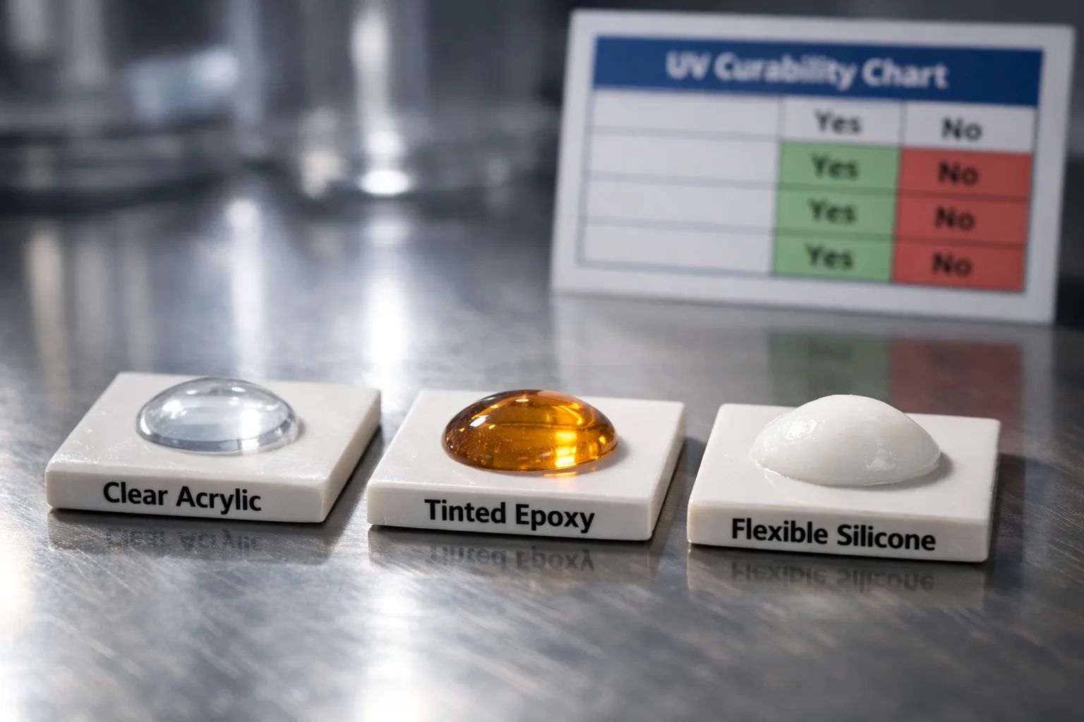 Labeled adhesive samples show how to verify UV curability among different chemistries with supporting datasheet.