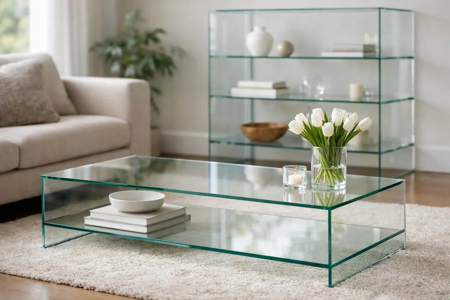 Furniture in a modern space shows glass panels joined seamlessly using UV adhesives.