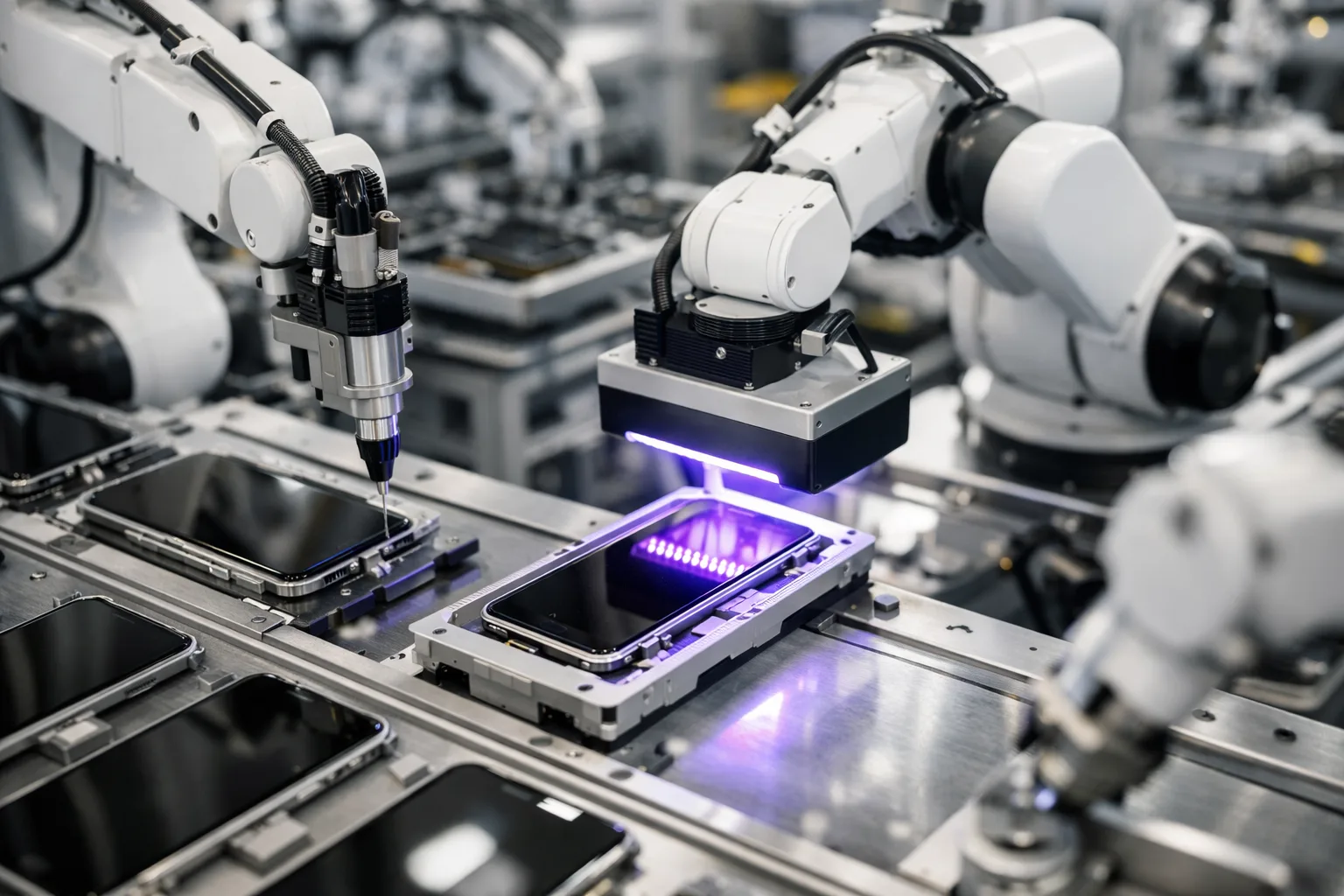 A factory scene captures robotic arms using UV adhesive and curing lamps to bond glass components on smartphone products.