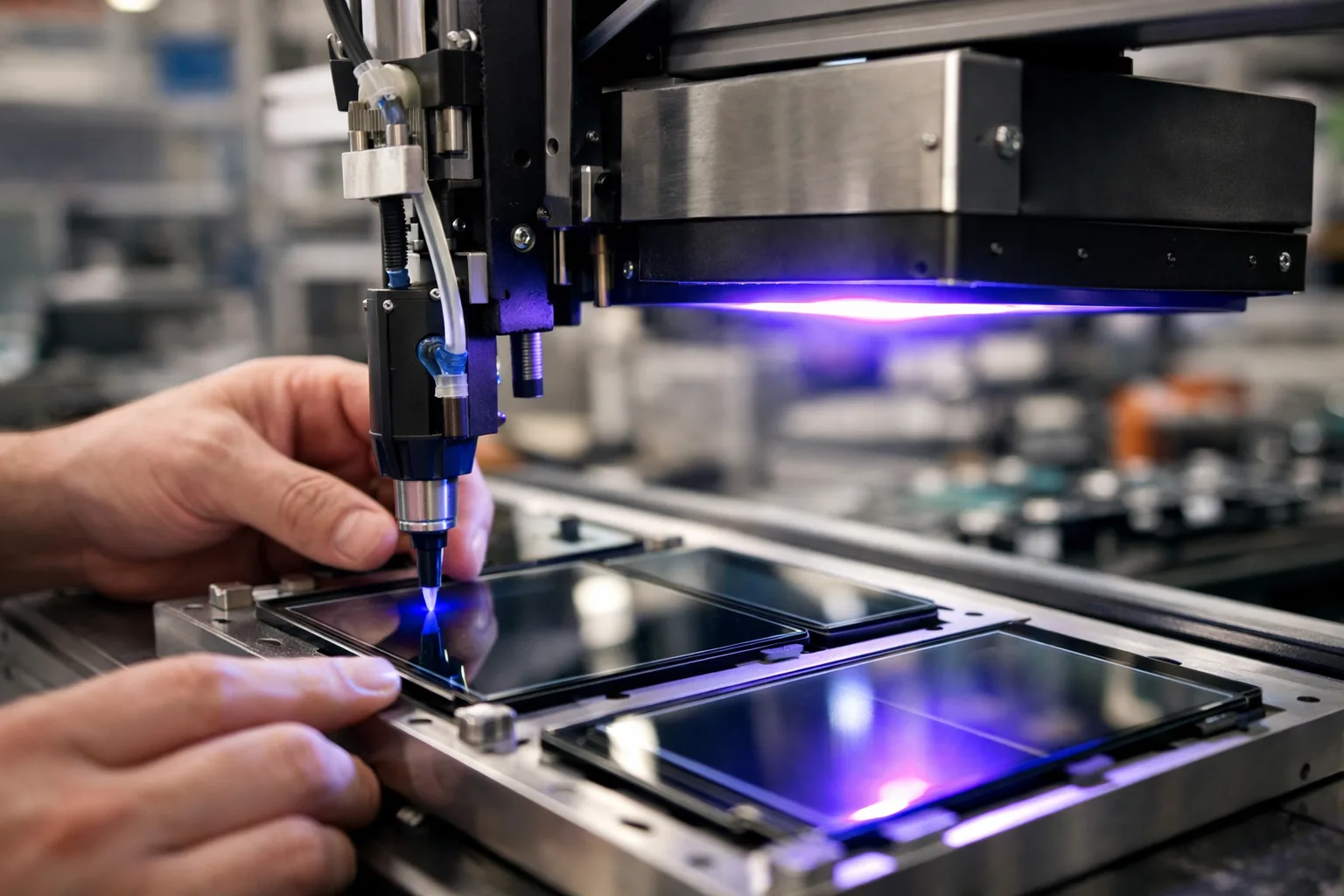 A technician uses an automated system to bond touchscreen parts with UV glue and UV curing lights in an electronics plant.