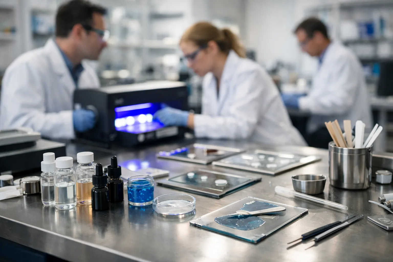 A team of scientists examining UV adhesive samples in a high-tech laboratory environment, highlighting precision in manufacturing vs trading.