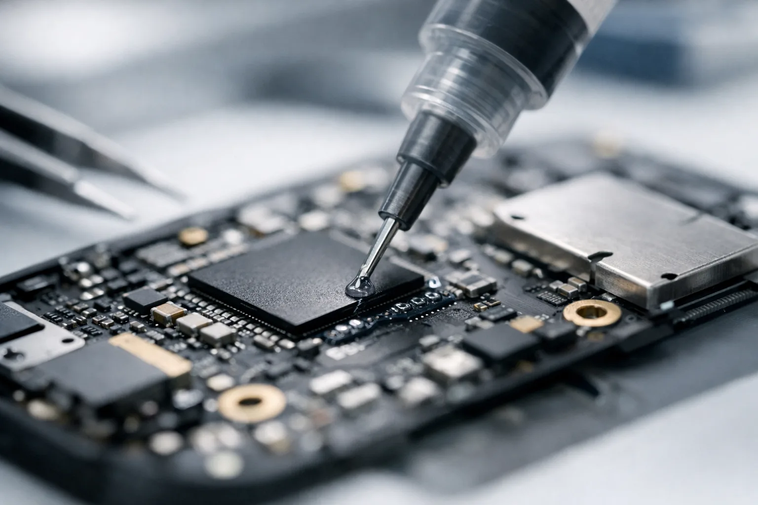 A close-up view of a technician accurately dispensing reworkable underfill onto a smartphone mainboard, highlighting the intricate process involved in modern device repair.