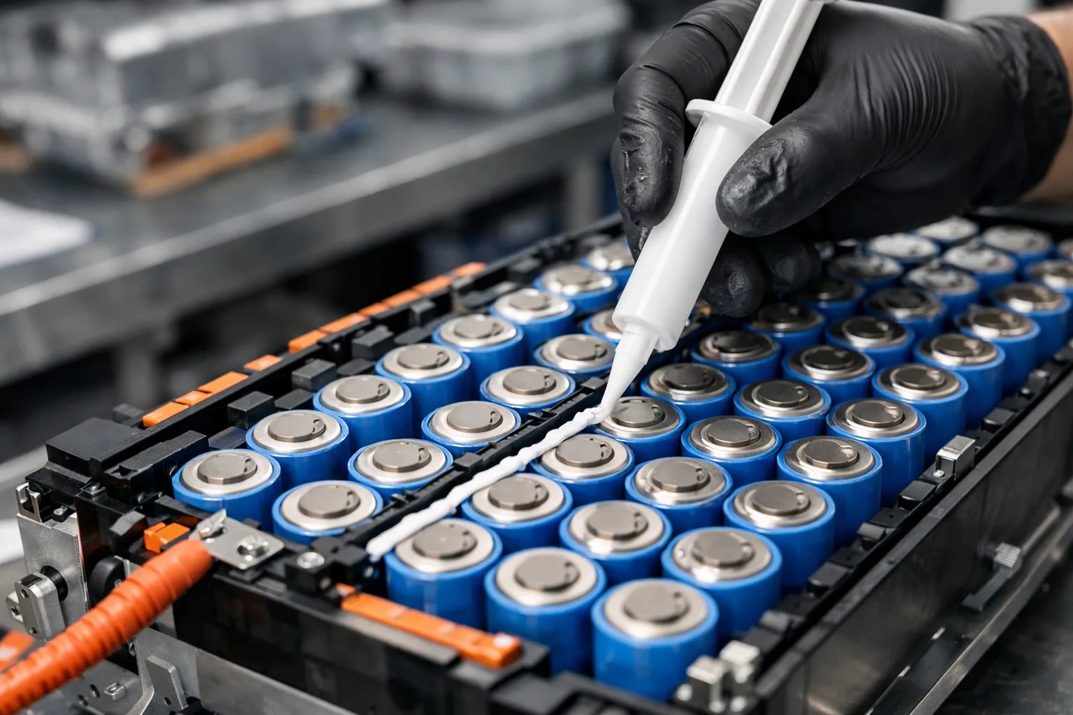 A technician dispenses thermal adhesive between EV battery cells to improve heat management and cell stability in the manufacturing process.