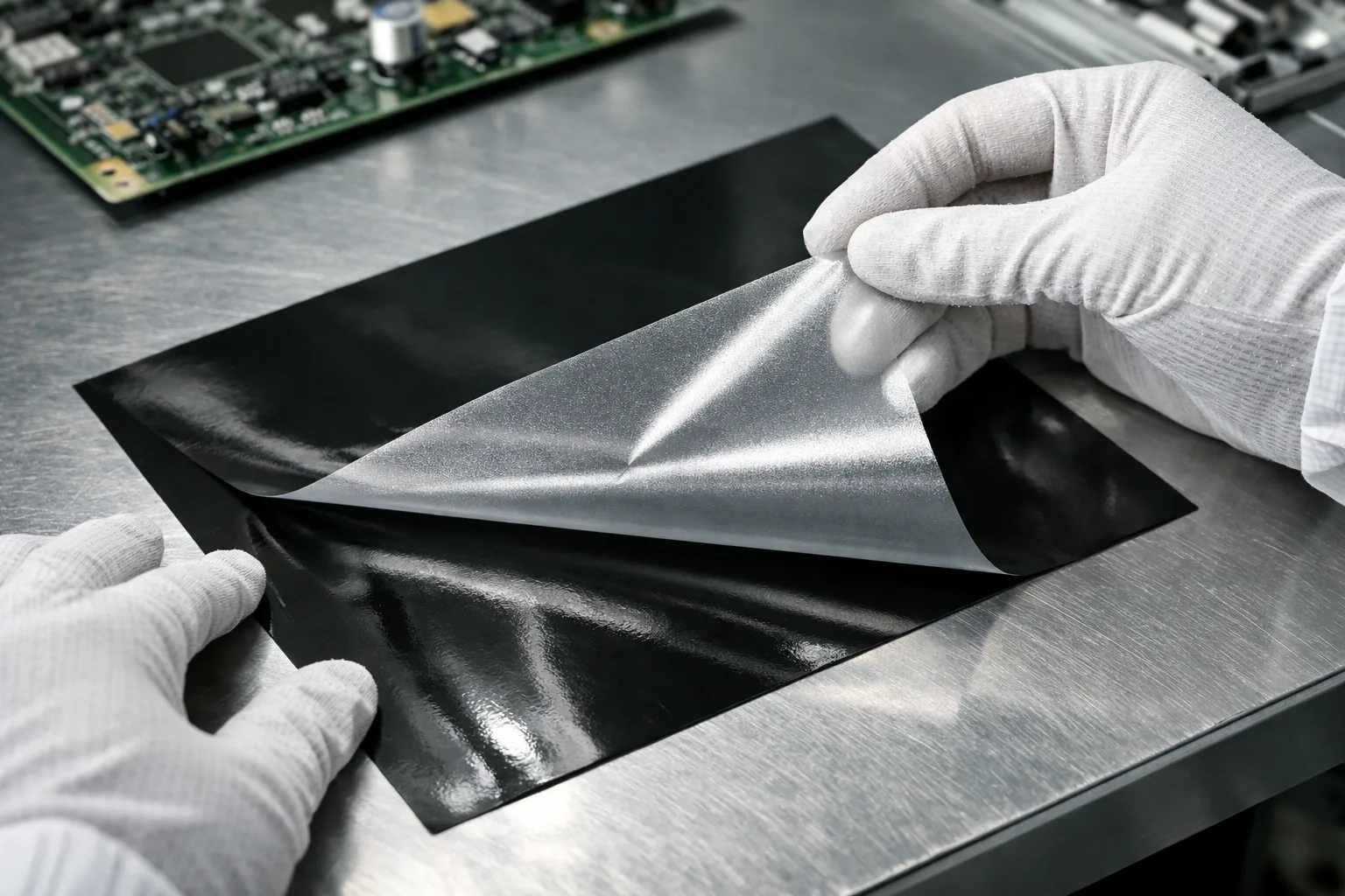 B-stage epoxy film handled carefully in an electronics cleanroom, illustrating proper technique and environment for advanced assemblies.