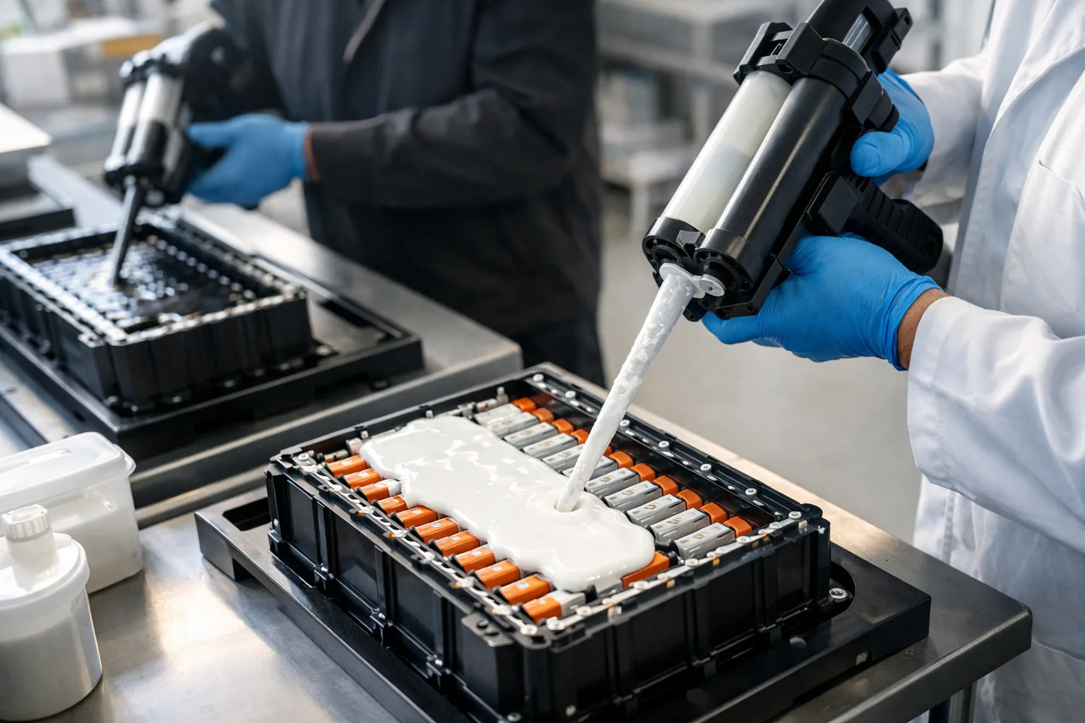 A photo-realistic depiction of technicians applying silicone and polyurethane potting to battery modules inside a high-tech laboratory.
