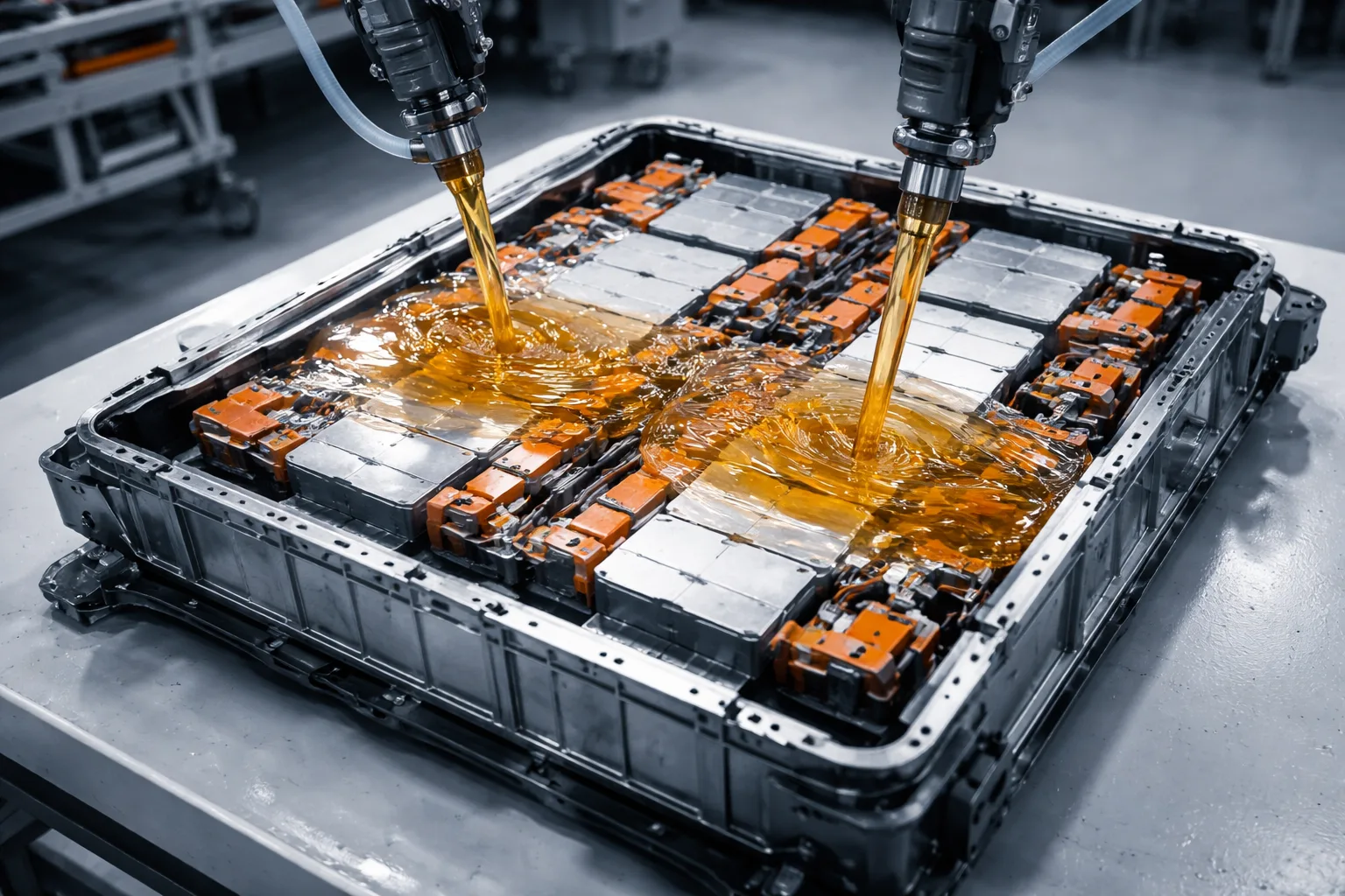 An industrial scene depicting a battery module undergoing potting with epoxy resin, highlighting insulation procedures and electrical protection.