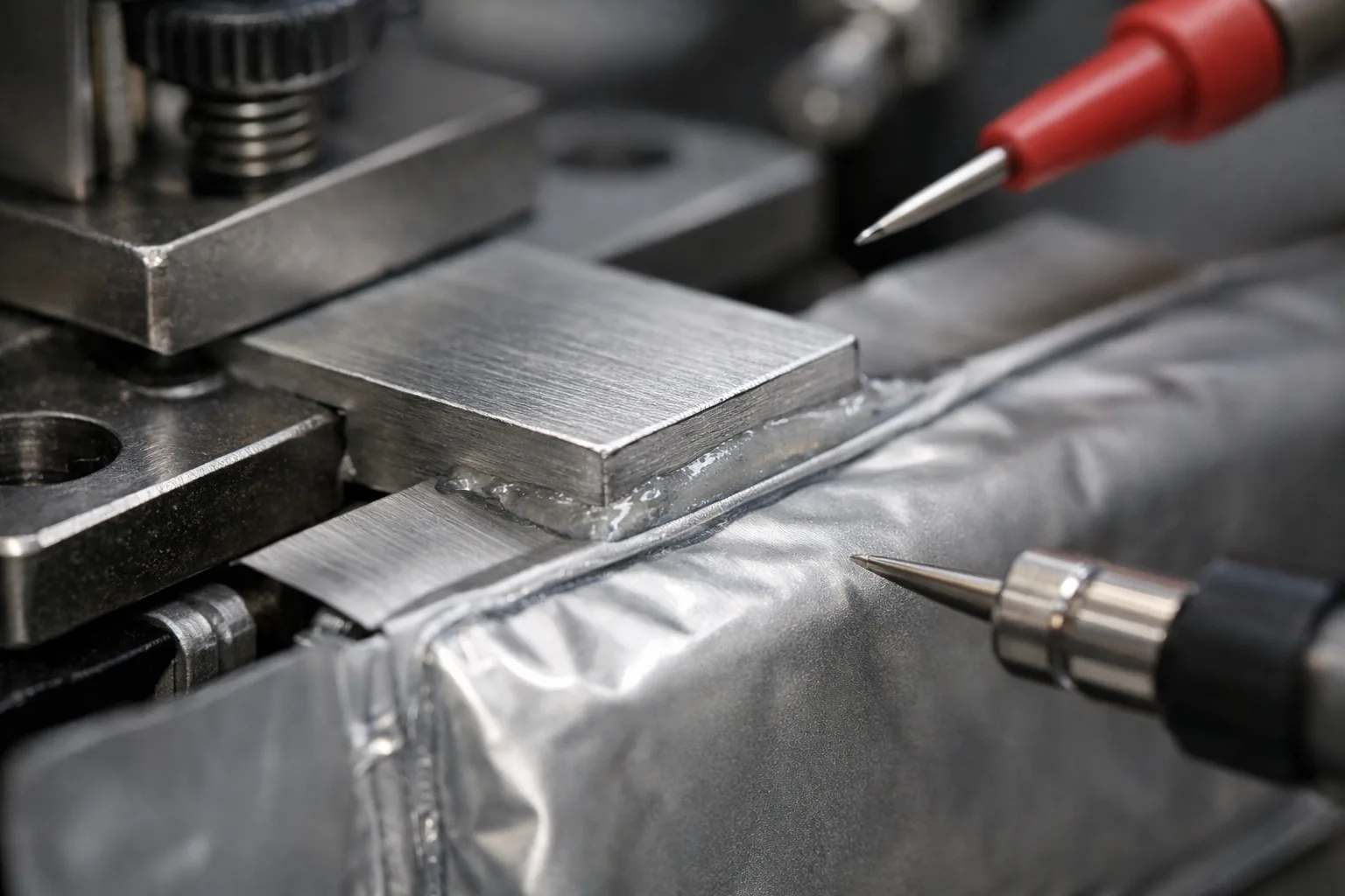 A technical image illustrating pouch cell side plates undergoing laboratory chemical resistance testing, emphasizing adhesive joints and materials used.