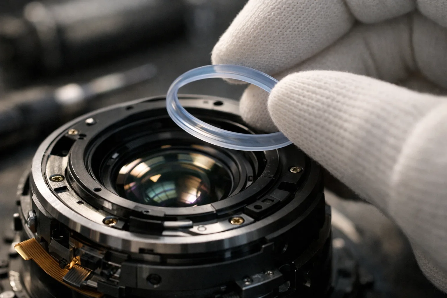 A high-resolution close-up shows a silicone gasket fitted into a camera lens barrel, highlighting dust sealing precision and technical assembly.