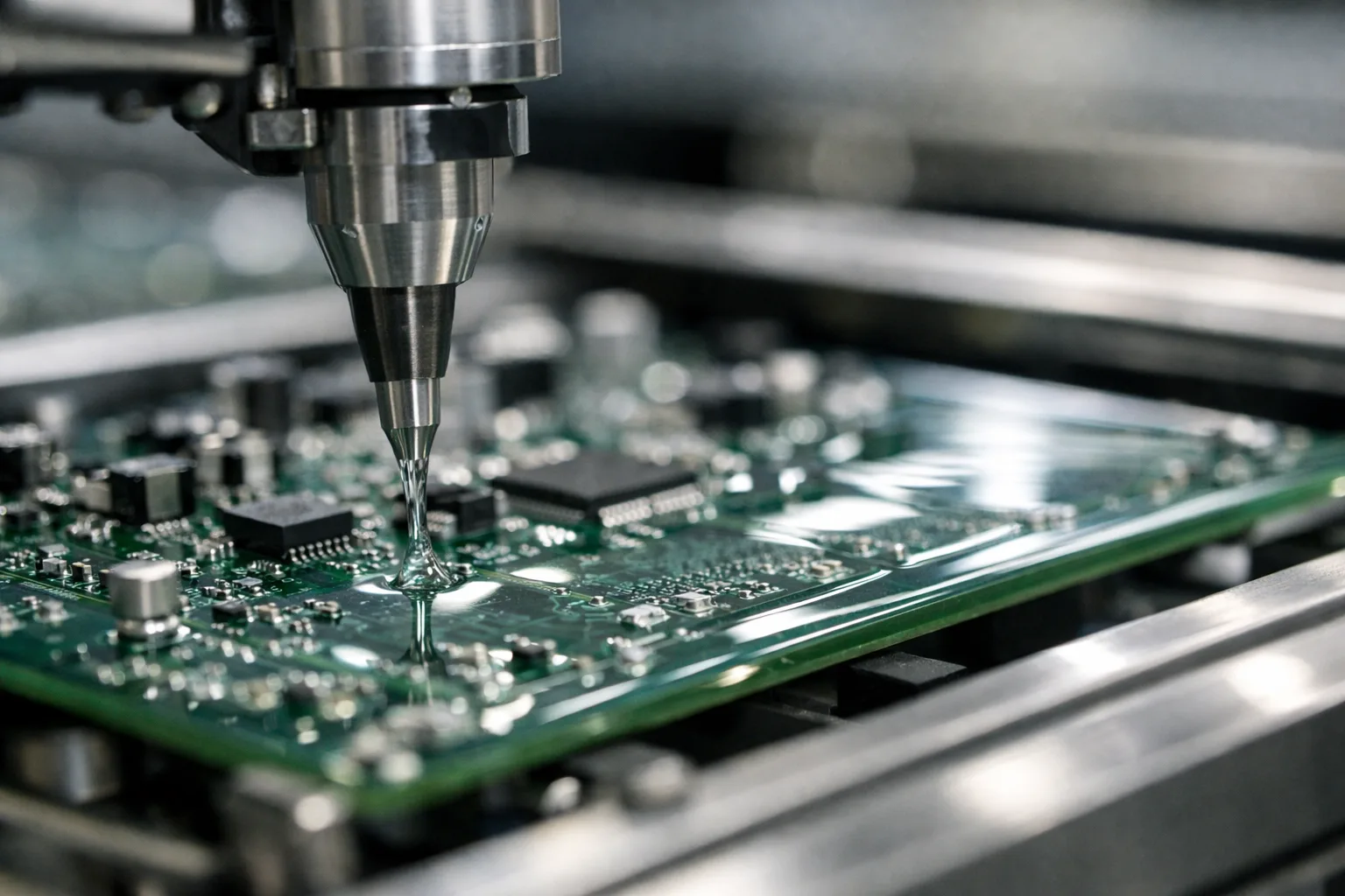 A precision machine methodically applies a thin conformal coating to a PCB, highlighting even coverage and advanced process control for electronics reliability.