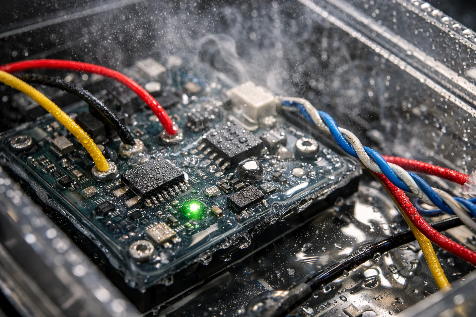 A detailed view of an electrical assembly protected by epoxy as it undergoes a controlled humidity test, illustrating the importance of moisture resistance for insulation.