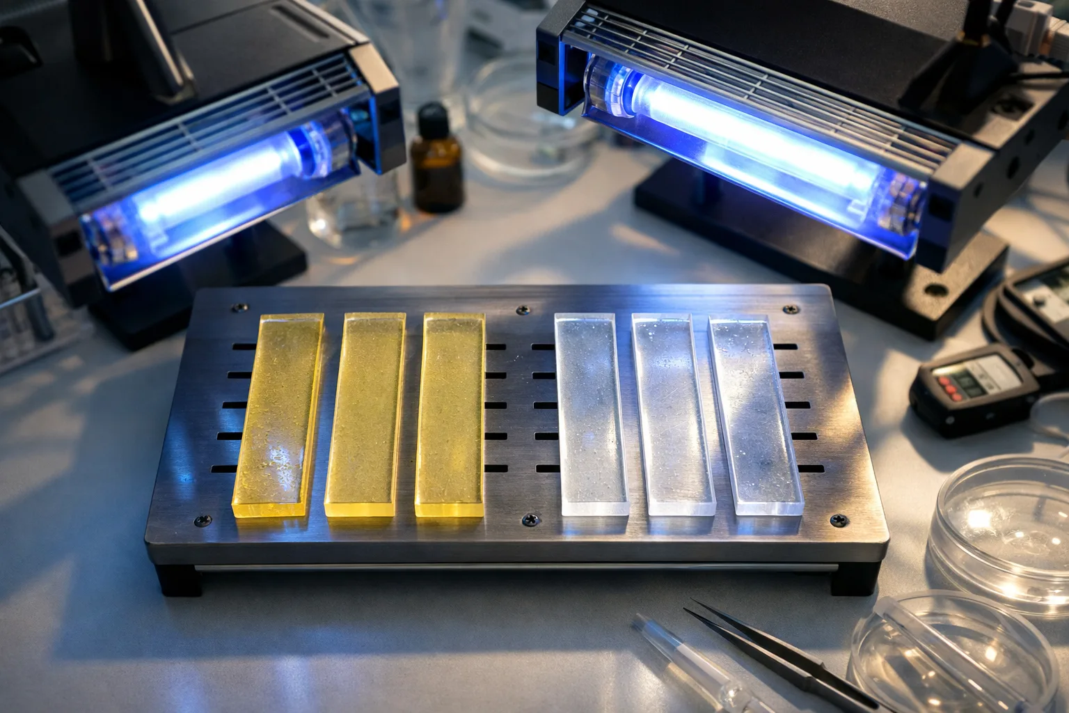 A controlled lab setup illustrating the effects of UV exposure on epoxy resin, with clear and yellowed samples side-by-side under UV lamps.