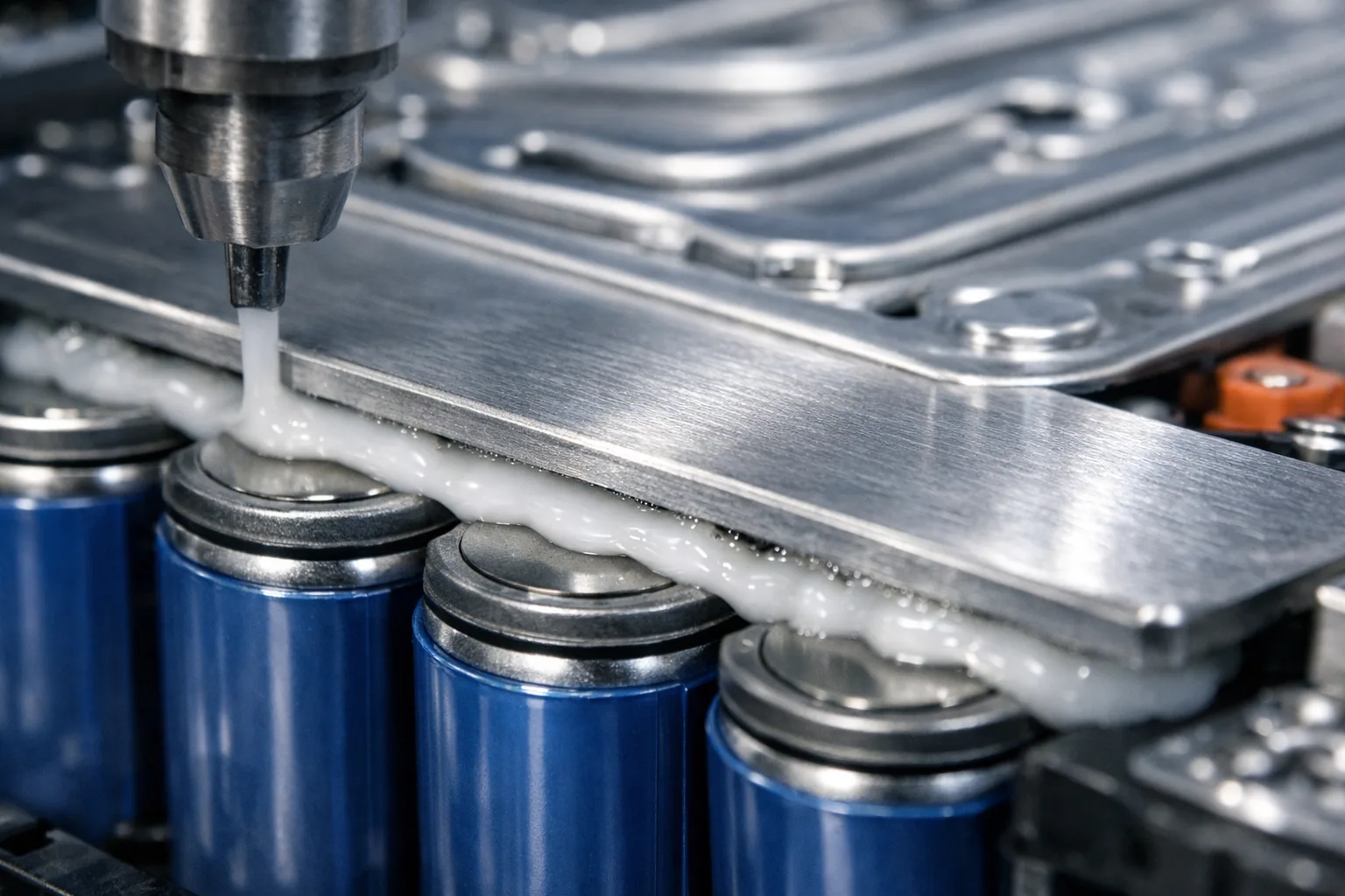 A close-up industrial assembly process showing adhesive bonding of liquid cooling plates to battery cells, emphasizing technical precision in an EV manufacturing line.