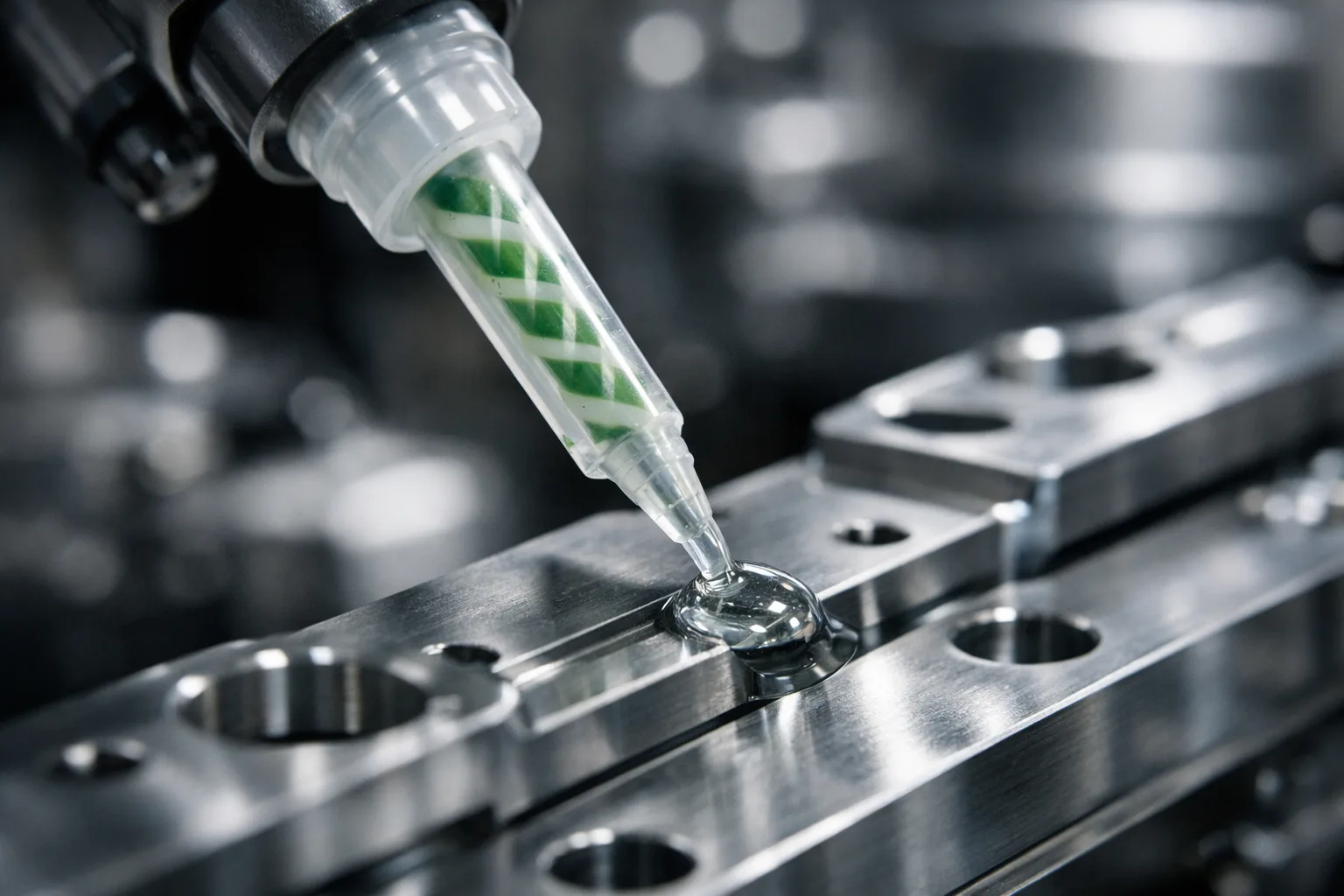A close-up scene of epoxy being applied with a syringe onto metal parts on an automated assembly line, highlighting the technical and precise process associated with 1-part and 2-part epoxy mixing and curing.