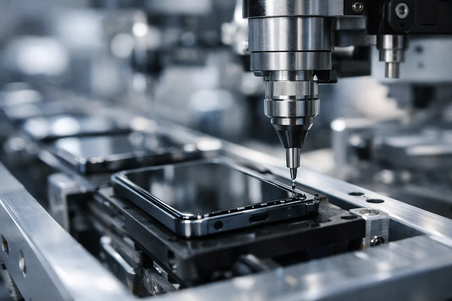 This image captures a jetting system applying adhesive on the narrow bezel of a smartphone frame, illustrating advanced manufacturing for high-precision electronics assembly.
