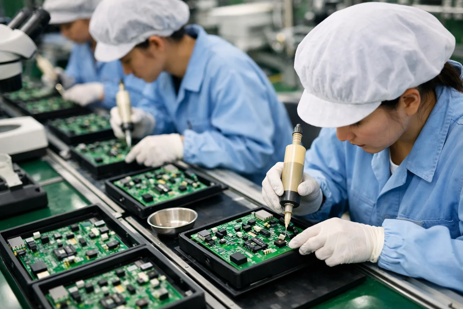 A busy electronics production floor where workers apply low halogen epoxy adhesives to printed circuit boards for green electronics. The image emphasizes industrial cleanliness and responsible assembly practices.