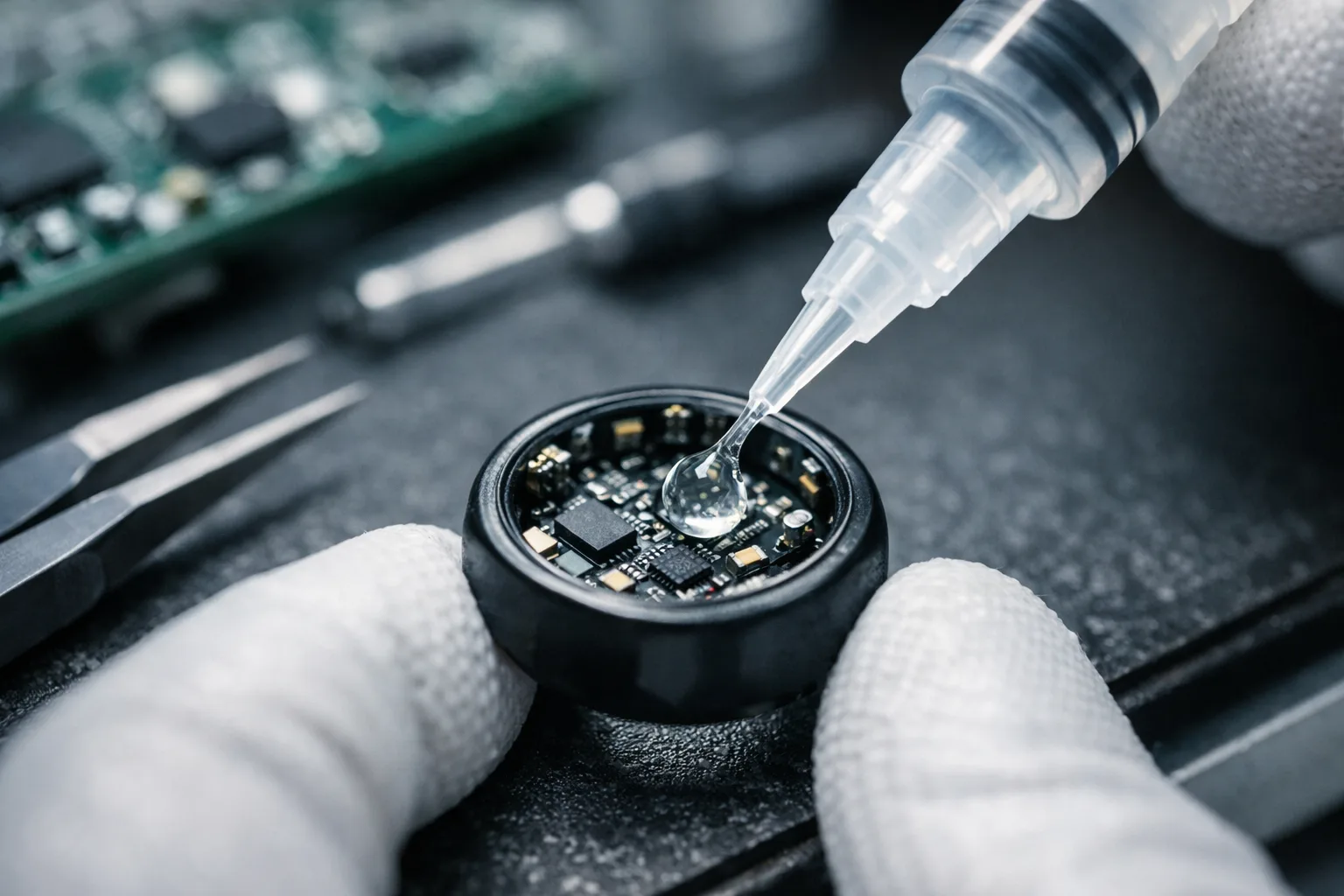 A detailed close-up of a micro-potting process as epoxy is applied to a micro-sized smart ring PCB, setting the stage for high-reliability wearable electronics.