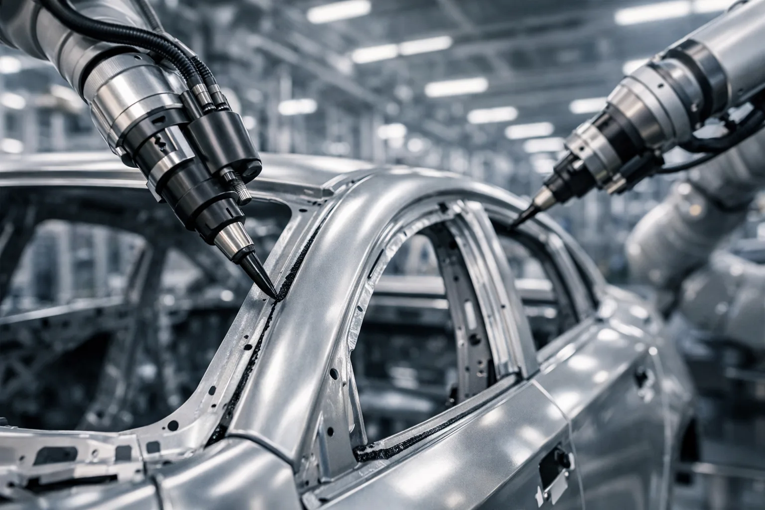 This image shows a professional car factory where robots apply structural adhesives to aluminum car panels, illustrating the move away from welding.