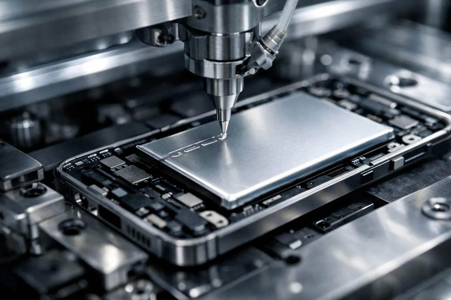 A robotic system applies industrial adhesive to secure a battery in place, highlighting battery bonding and its impact on device repairability.