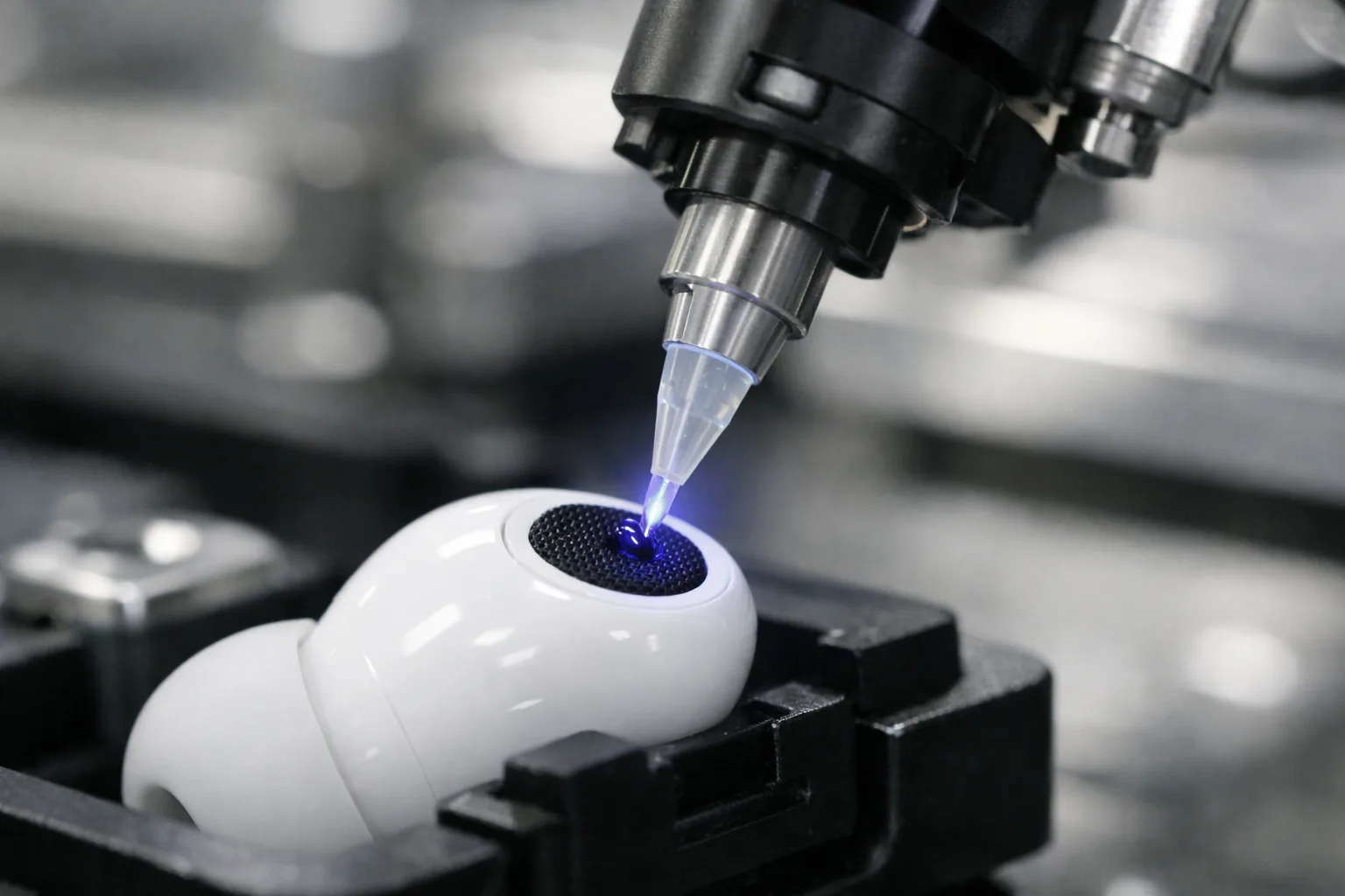A robotic arm dispenses adhesive onto the acoustic mesh in TWS earbud assembly. Scene highlights precision and cleanliness essential for waterproof bonding processes.