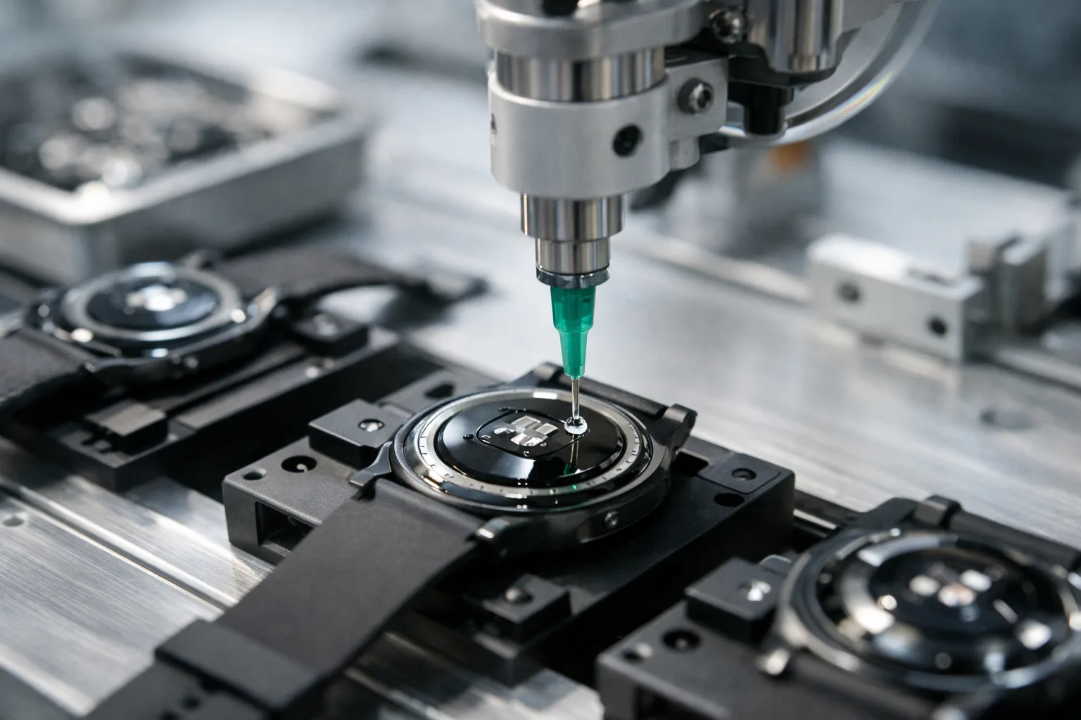 An assembly technician precisely applies skin-safe adhesive (ISO 10993) to a smartwatch back cover for secure, safe skin contact.