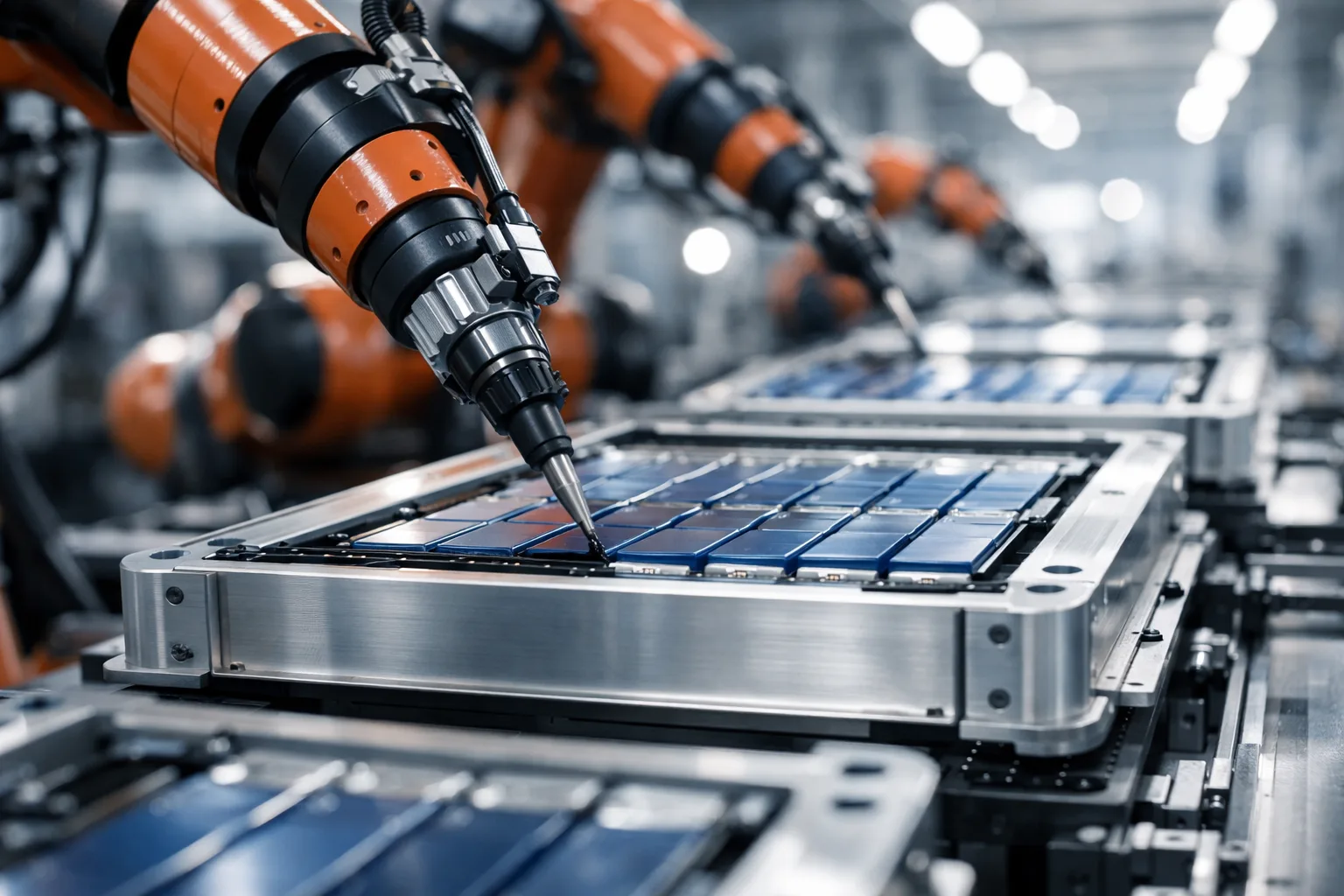 Showing robust automation as structural adhesives are precisely dispensed in smart battery pack construction, highlighting technical control.