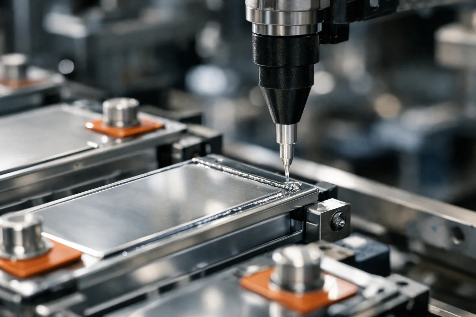 This image shows engineers applying adhesives to battery cells, preparing modules for thermal shock cycle testing under industrial conditions.