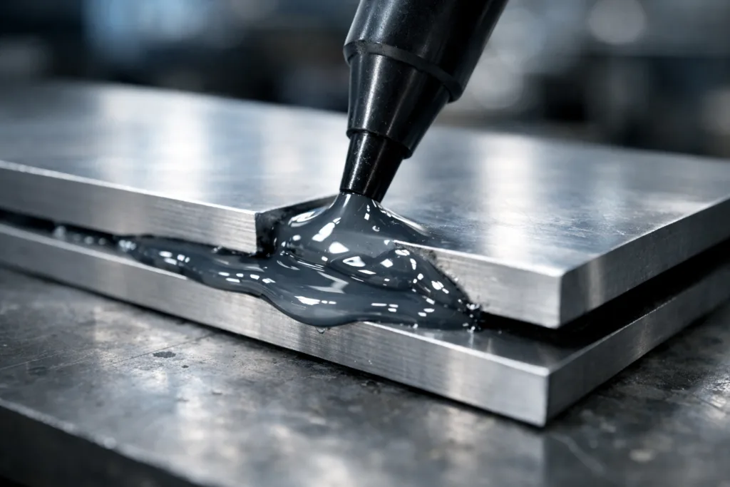 This photo captures toughened epoxy adhesive being dispensed between two prepped metal plates, emphasizing its application and role in improving peel strength and impact resistance for industrial metal bonding.