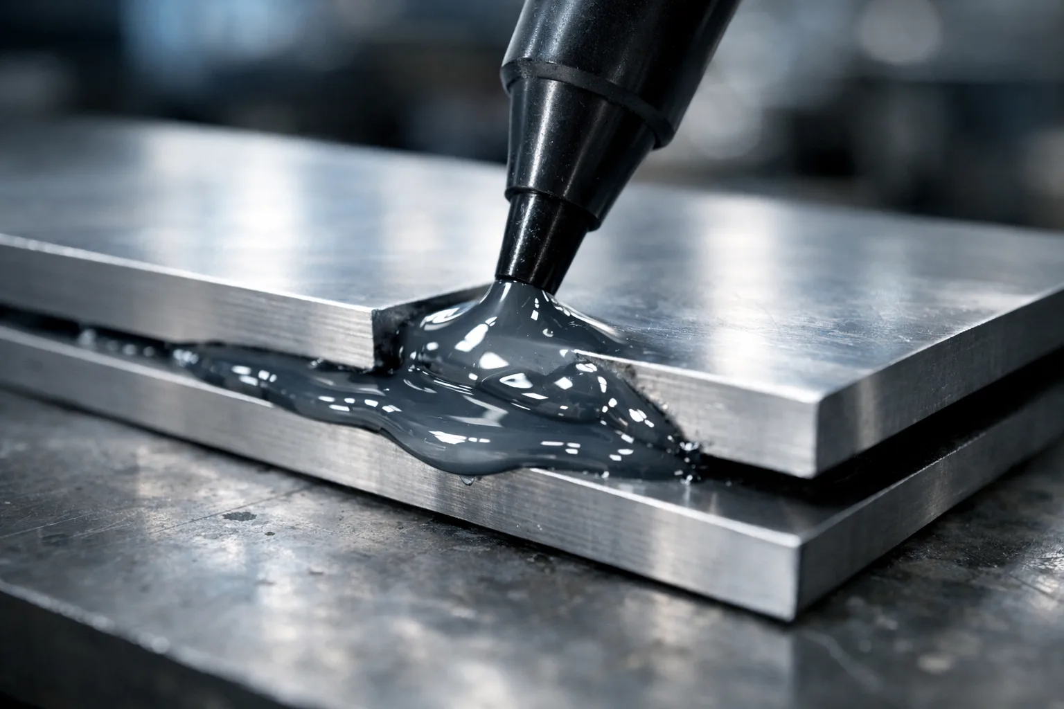 This photo captures toughened epoxy adhesive being dispensed between two prepped metal plates, emphasizing its application and role in improving peel strength and impact resistance for industrial metal bonding.