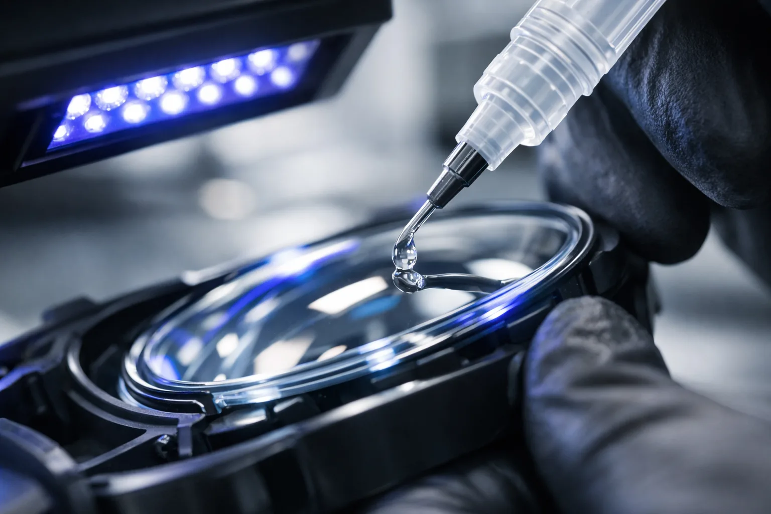 Shows UV glue precisely applied to AR/VR glass lens, emphasizing process control and optical clarity.