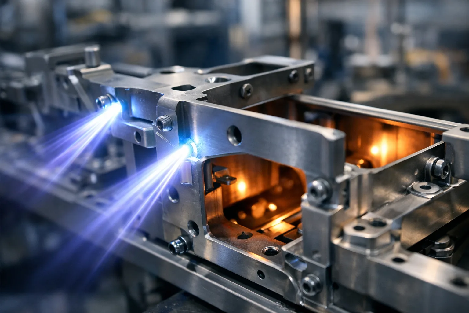 Visualizes a dual-cure process where UV light and heat/moisture ensure full adhesive curing—including shadowed areas—during advanced metal product assembly.