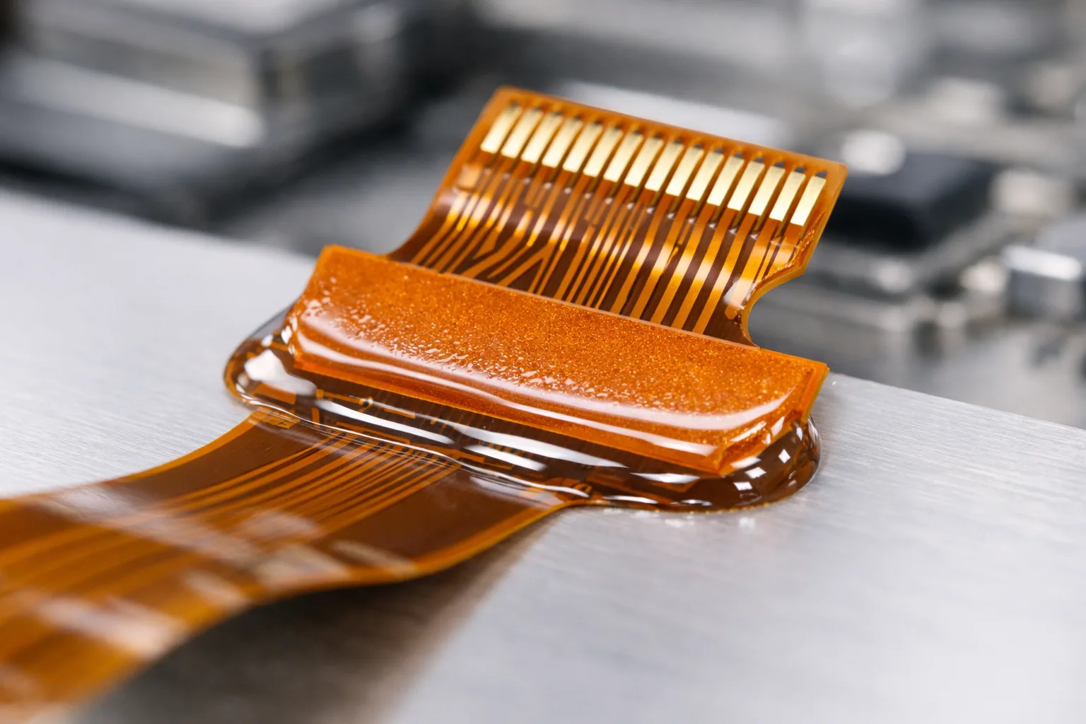 A close-up of a flexible printed circuit (FPC) as adhesive is applied to reinforce high-stress zones, emphasizing the role of adhesives for flexible printed circuits (FPC) reinforcement.