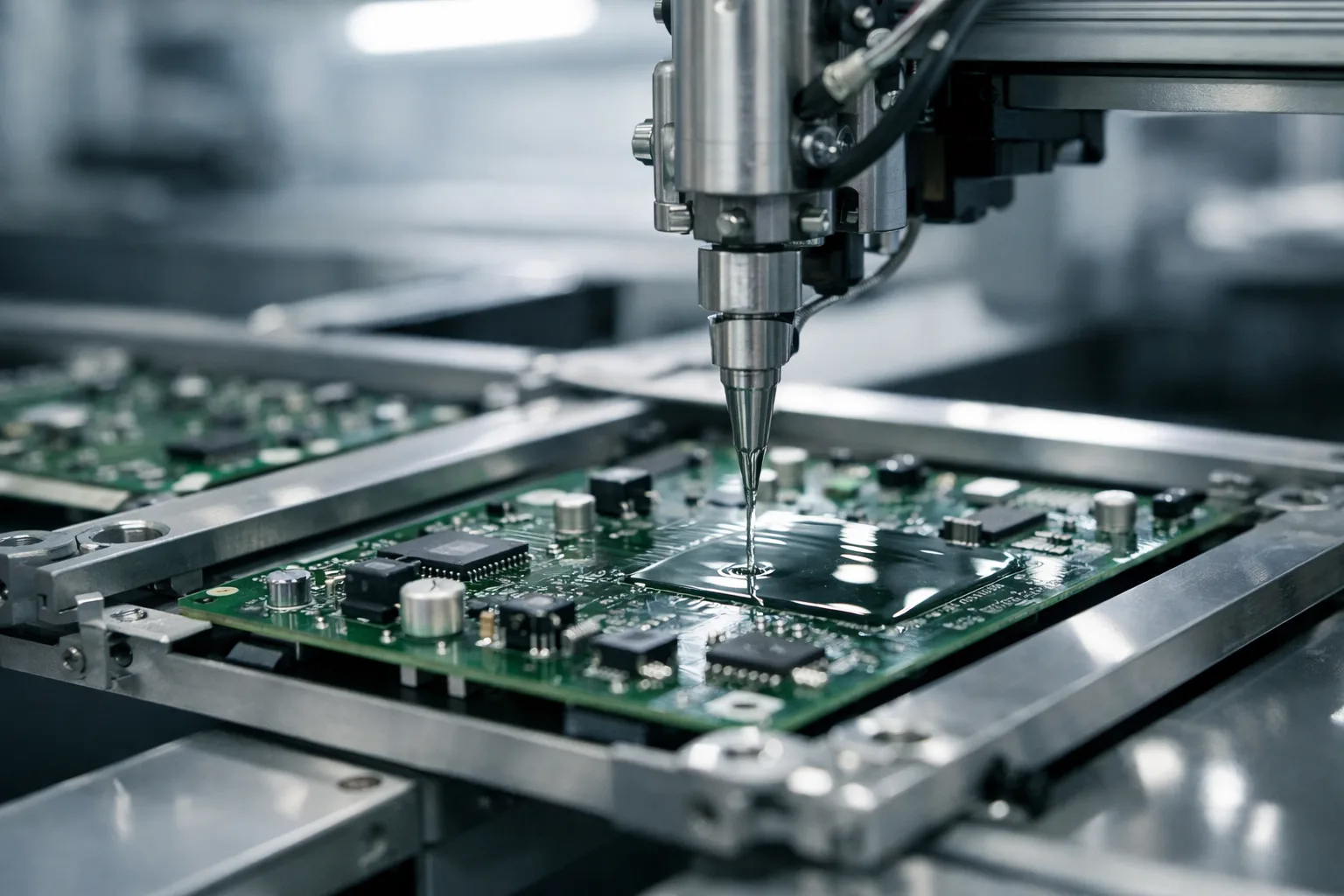 A technician applies conformal coating to a PCB, demonstrating smooth coverage and correct technique to prevent orange peel defects. The environment highlights cleanliness and process control.