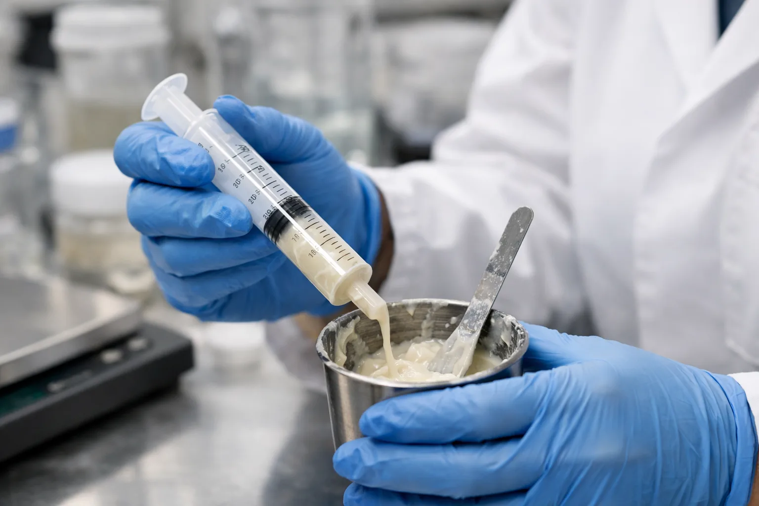 A technician preps a single component epoxy using latent curing agents, displaying the industrial process and equipment in a clean, technical environment.