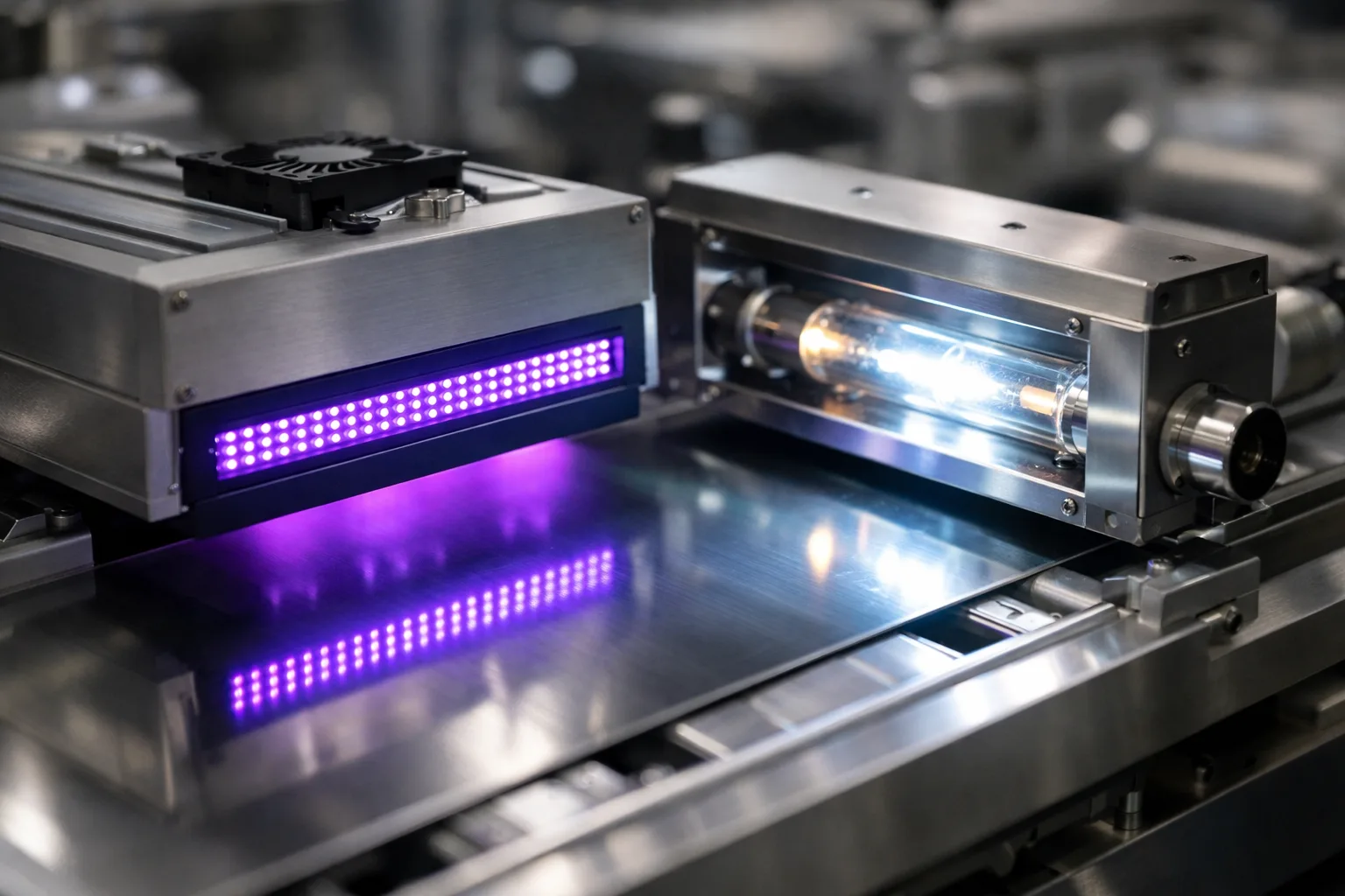 A high-resolution visual comparison of LED UV and mercury lamps installed on an automated manufacturing line, showcasing their size and light output differences for industrial adhesive curing.