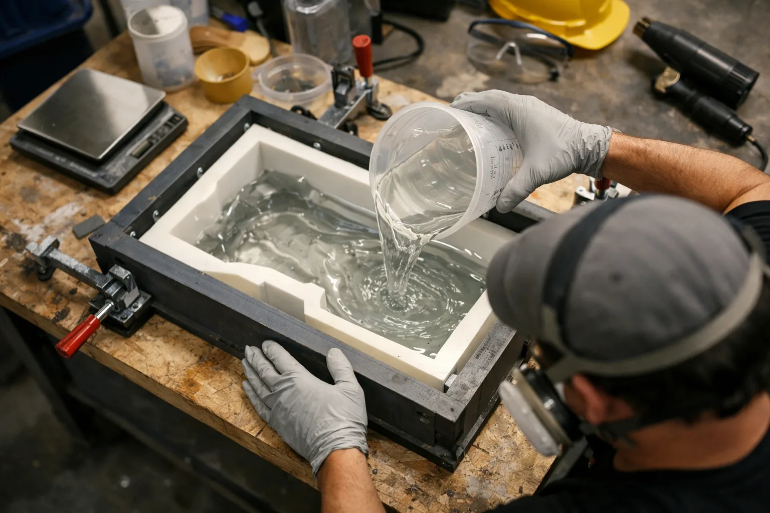 A worker mixes and pours epoxy resin into a thick casting mold, highlighting the importance of exotherm management in industrial environments.