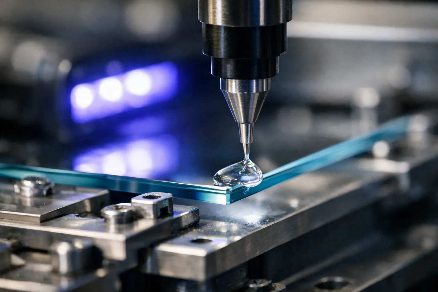 This image shows precise application of low shrinkage UV glue, highlighting dimensionally stable bonding for optical and electronic assemblies.