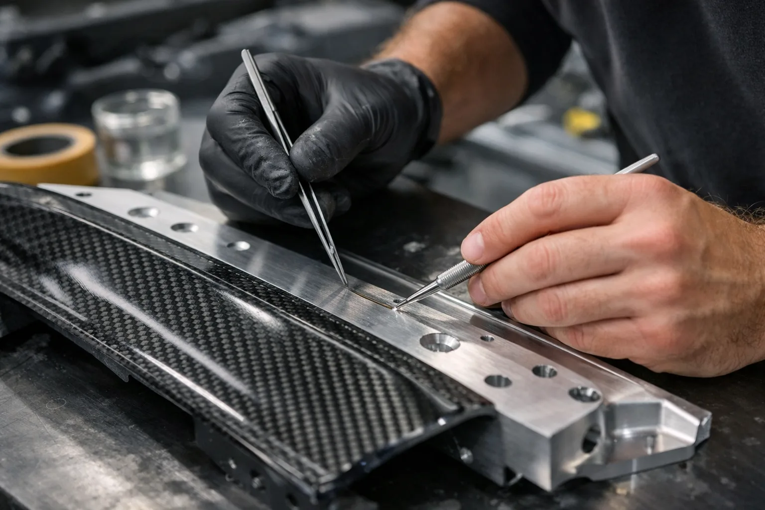 A skilled technician methodically prepares carbon fiber and aluminum surfaces for adhesive bonding, highlighting the importance of meticulous surface treatment.