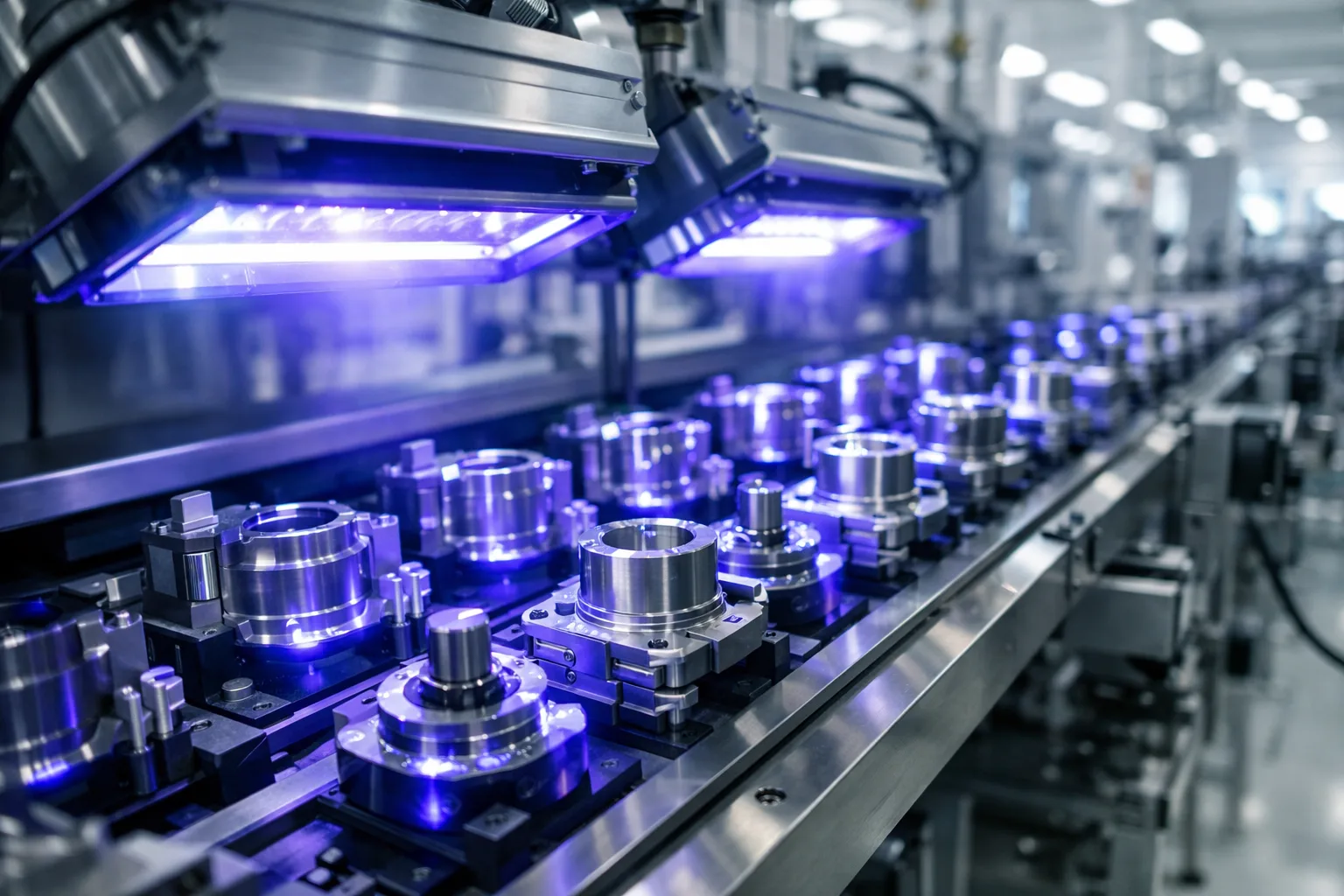 A modern factory line showcasing metal parts undergoing UV curing with visible purple light, illustrating practical application of free radical and cationic mechanisms.