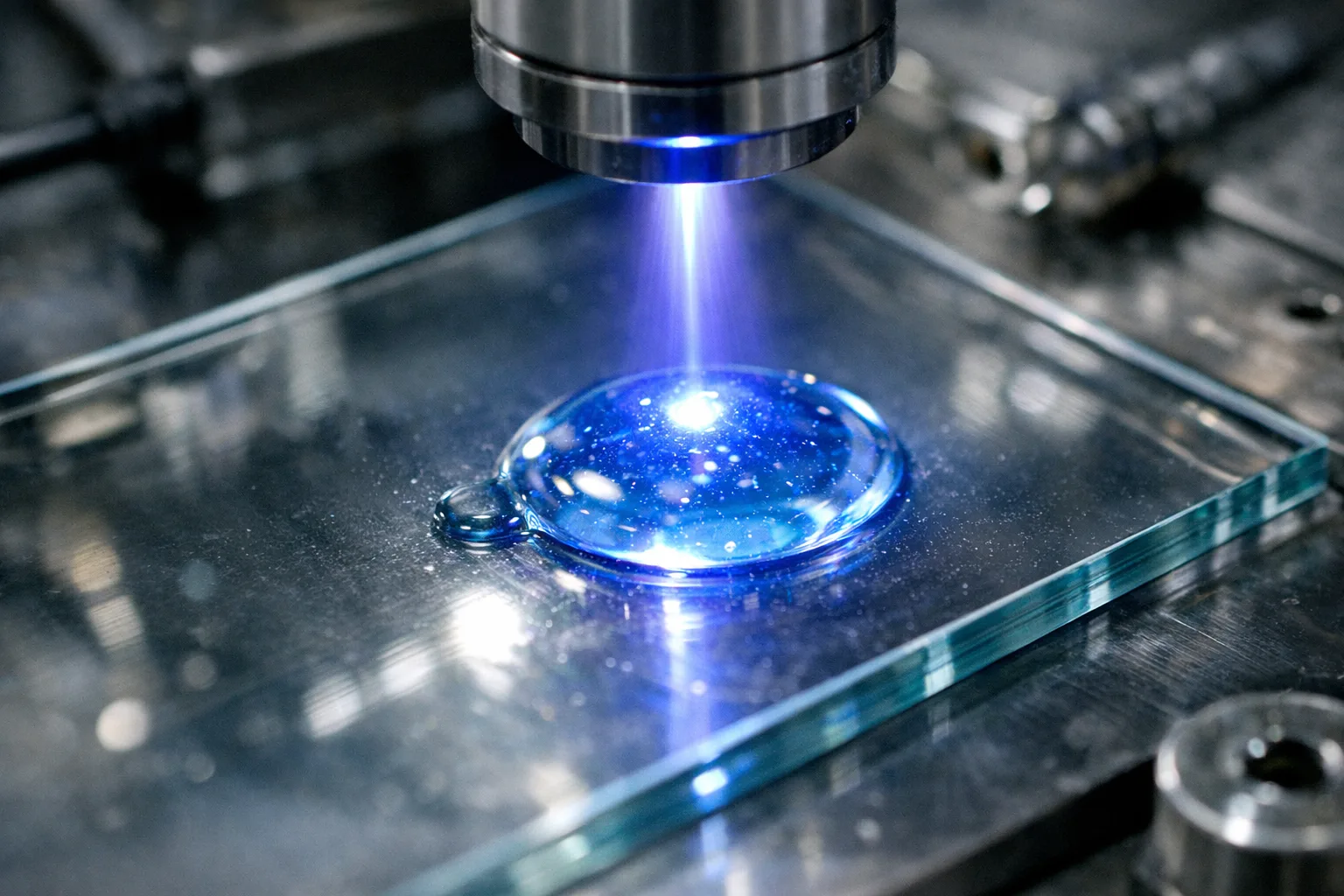 An industrial laboratory scene showing UV adhesive curing on glass, highlighting the challenge of sticky surfaces from oxygen exposure.
