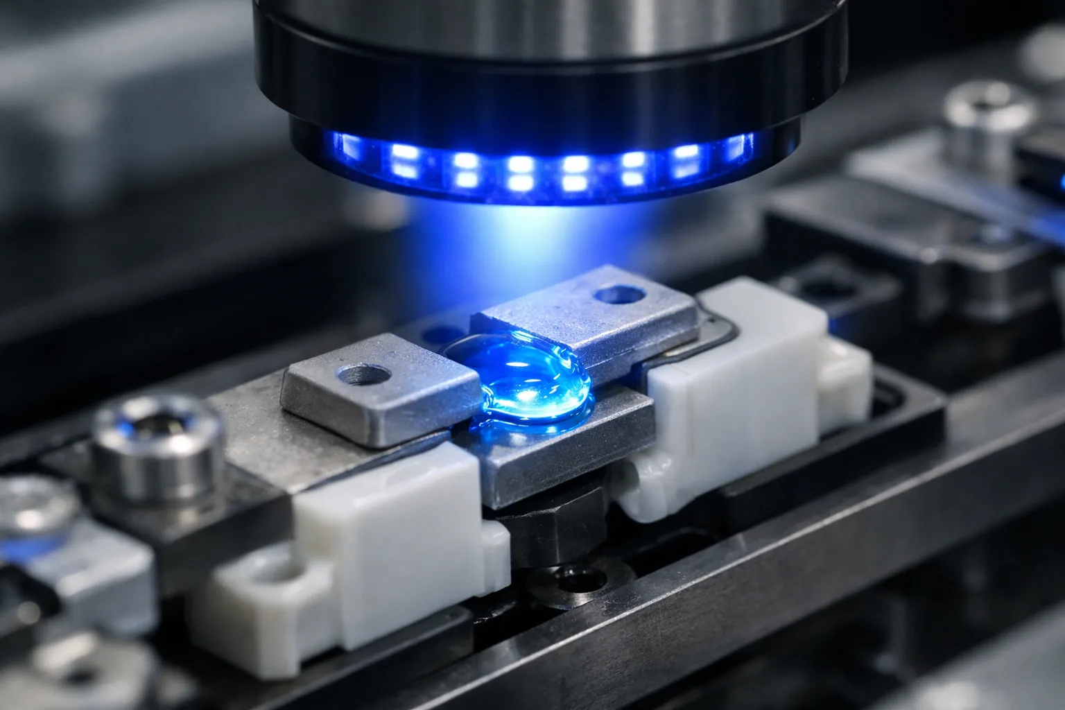 This image shows a precision assembly operation using visible light curing adhesives to bond opaque materials, highlighting the role of blue LED curing in industrial settings.