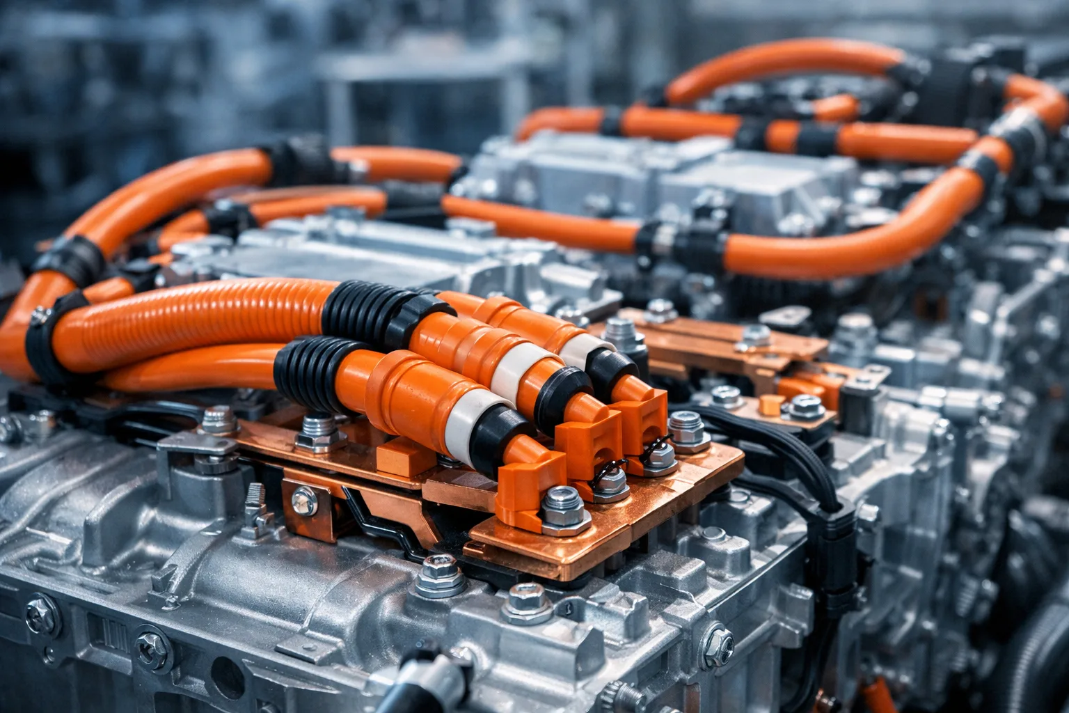 Detailed production line view highlighting high-voltage orange cables and insulation techniques in a modern 800V electric vehicle powertrain, emphasizing factory conditions.