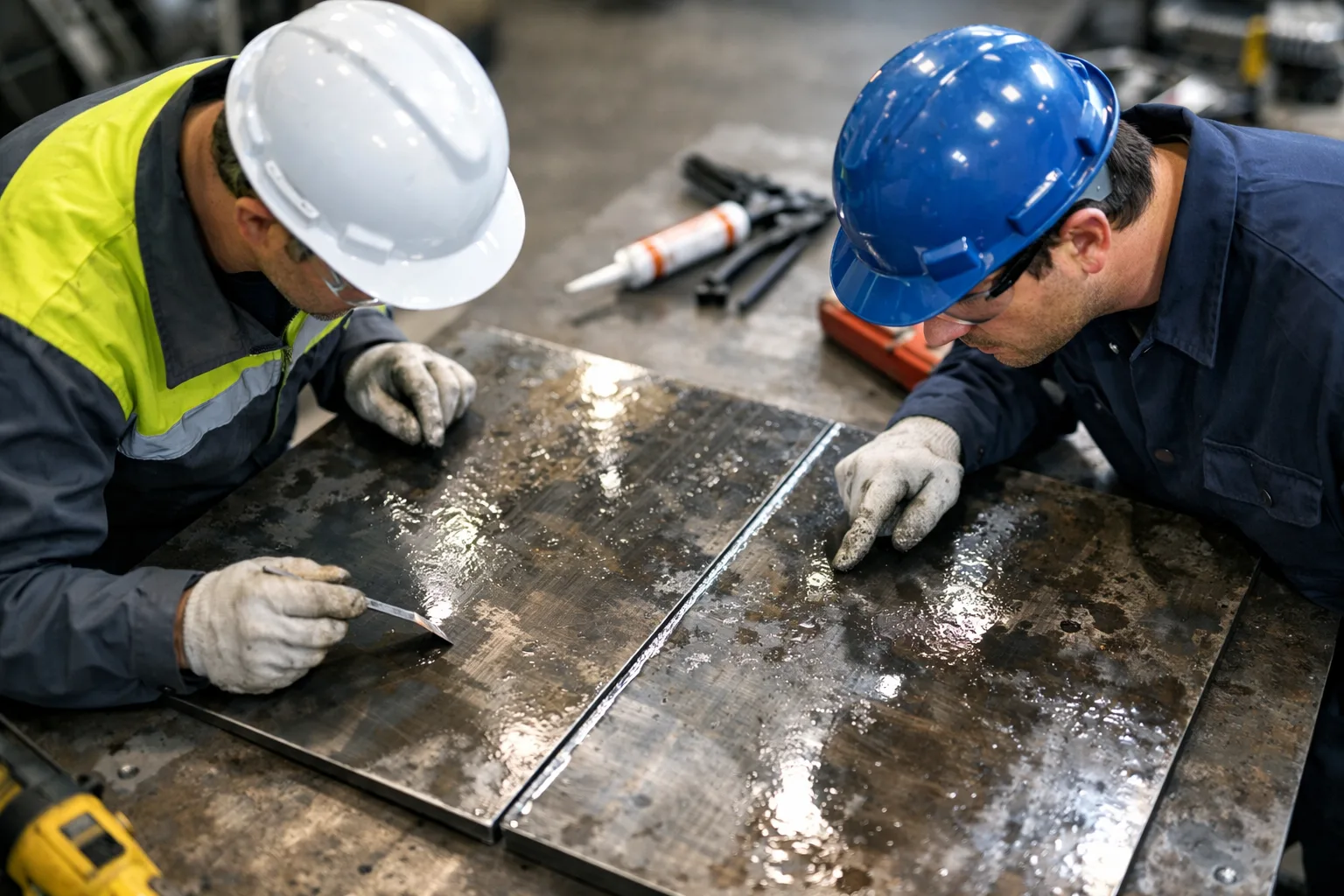 Engineers in a clean manufacturing environment prepare oily metal substrates for bonding with advanced acrylic adhesives, illustrating the modern approach in metal assembly.