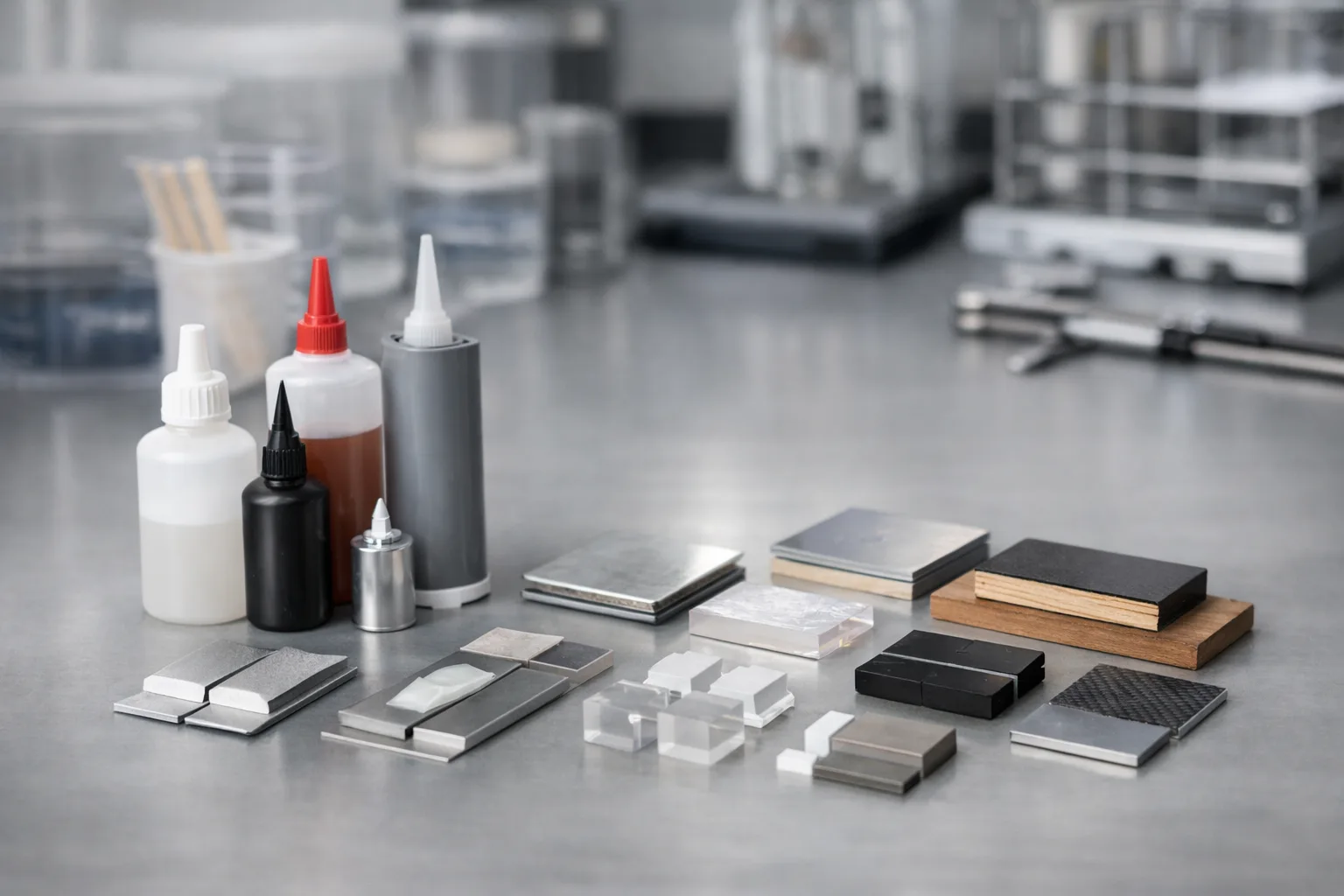 A photo-realistic scene displaying adhesive bottles, sample substrates, and measurement tools typical of material screening performed by adhesive experts.