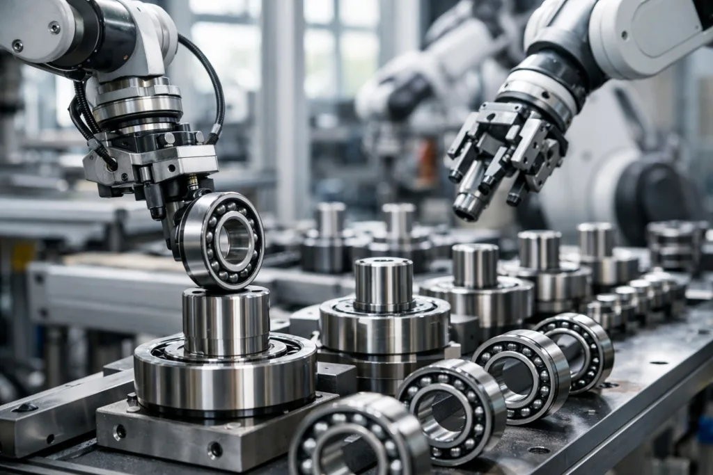 A detailed industrial scene showing the assembly of motor bearings and steel shafts utilizing anaerobic retaining compounds.