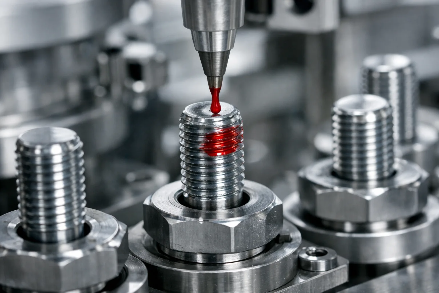 A close-up of liquid threadlocker being dispensed onto threaded bolts during machine assembly, highlighting precision and technical atmosphere.