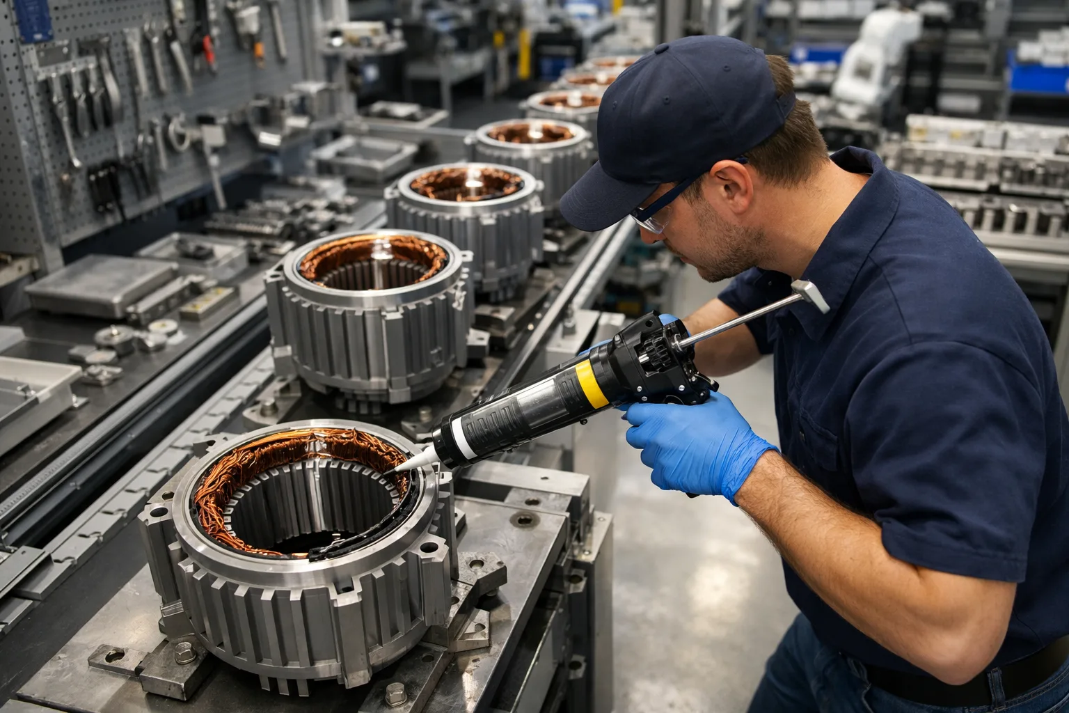 A technician carefully applies polyurethane damping adhesive to the stator housing of an electromotor, highlighting the importance of precision placement in industrial environments.