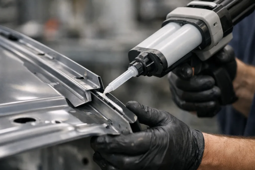 A photo-realistic and professional depiction of the initial application of 2nd Gen Acrylic adhesives on metal panels, representing the start of modern adhesive assembly over traditional riveting.