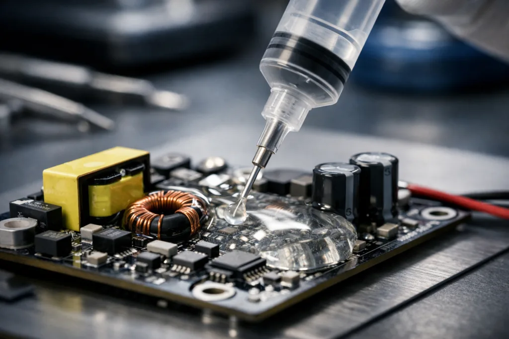 A close-up, professional image showing a clean lab workbench while thermal potting compound is dispensed onto an LED driver board for protection and thermal management.