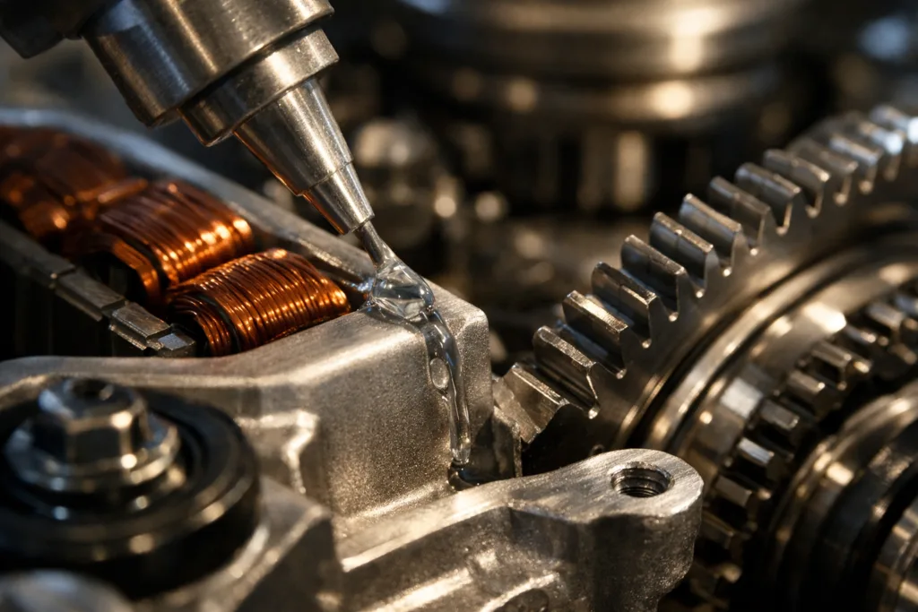 This image shows the adhesive bonding process within an EDU assembly, focusing on fluid-resistant joints and critical substrates under precise lighting.